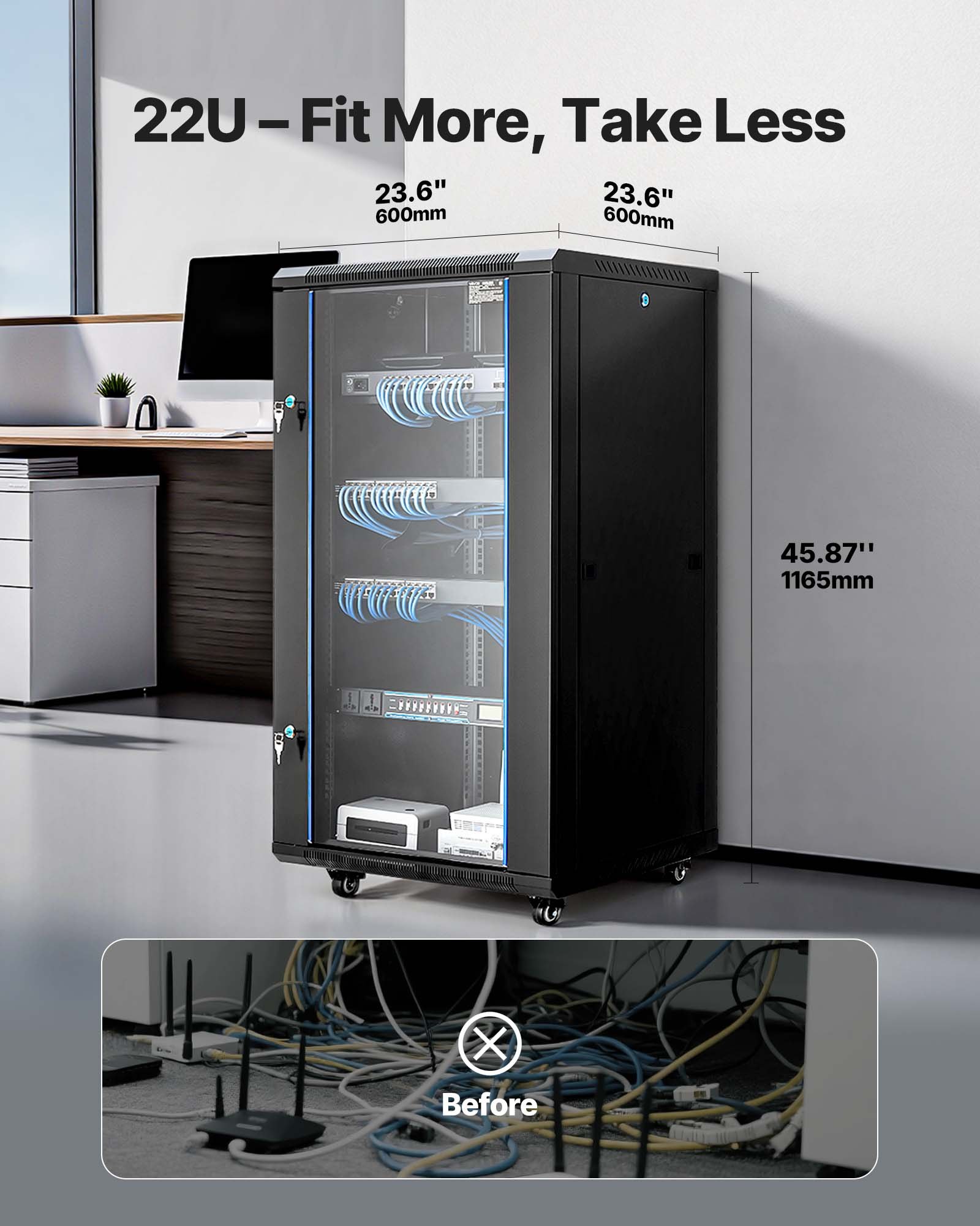 VEVOR Armadio Rack 22 U da Parete, Capacità di 136 kg, Rack di Rete con Porta in Vetro Temperato con Serratura Pannelli Laterali, per Apparecchiature di Rete e Dispositivi AV, Profondità 600 mm