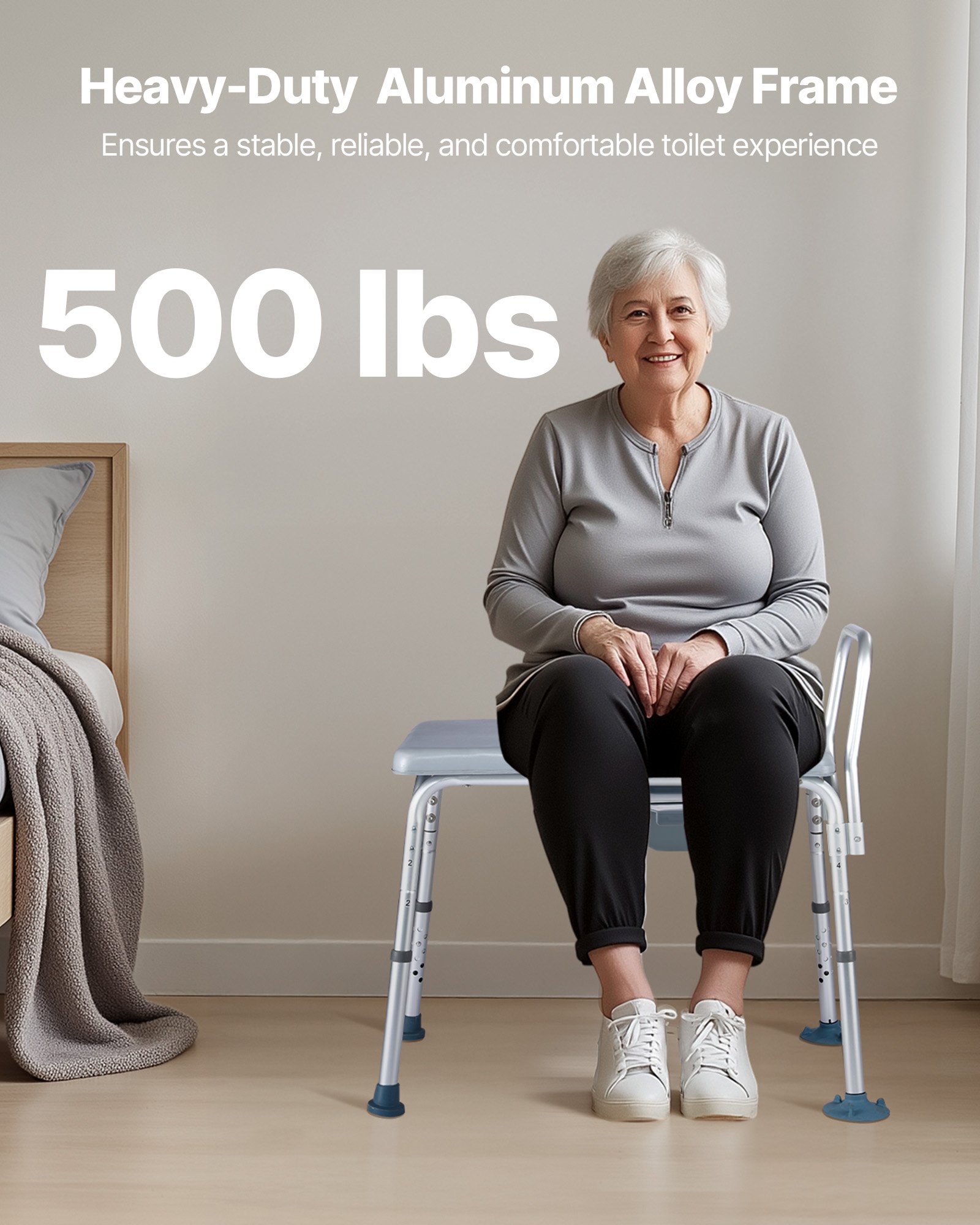 VEVOR Sedia Comoda da Comodino, Capacità di Carico di 227 kg, WC Sedile Rialzato con Seduta e Schienale Imbottiti, Secchio Rimovibile 5 L, Altezza Regolabili Sedia da Vasino per Anziani