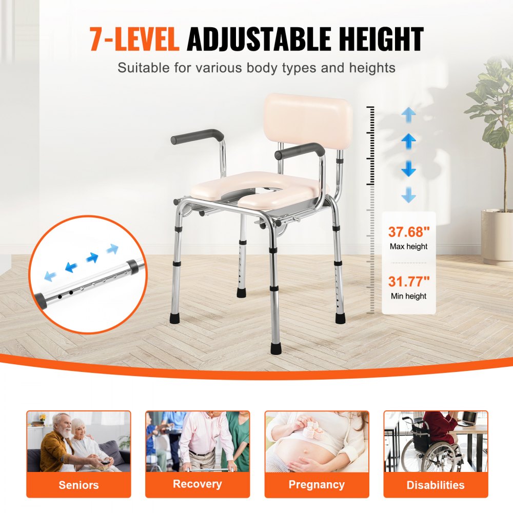 VEVOR Sedia da Toilette, Comodino da Comodino con Sedile Imbottito, Braccioli Ribaltabili, Altezza Regolabile, Secchio Rimovibile da 5,8 L Capacità di 158,8 kg Toilette Portatile per Adulti Anziani
