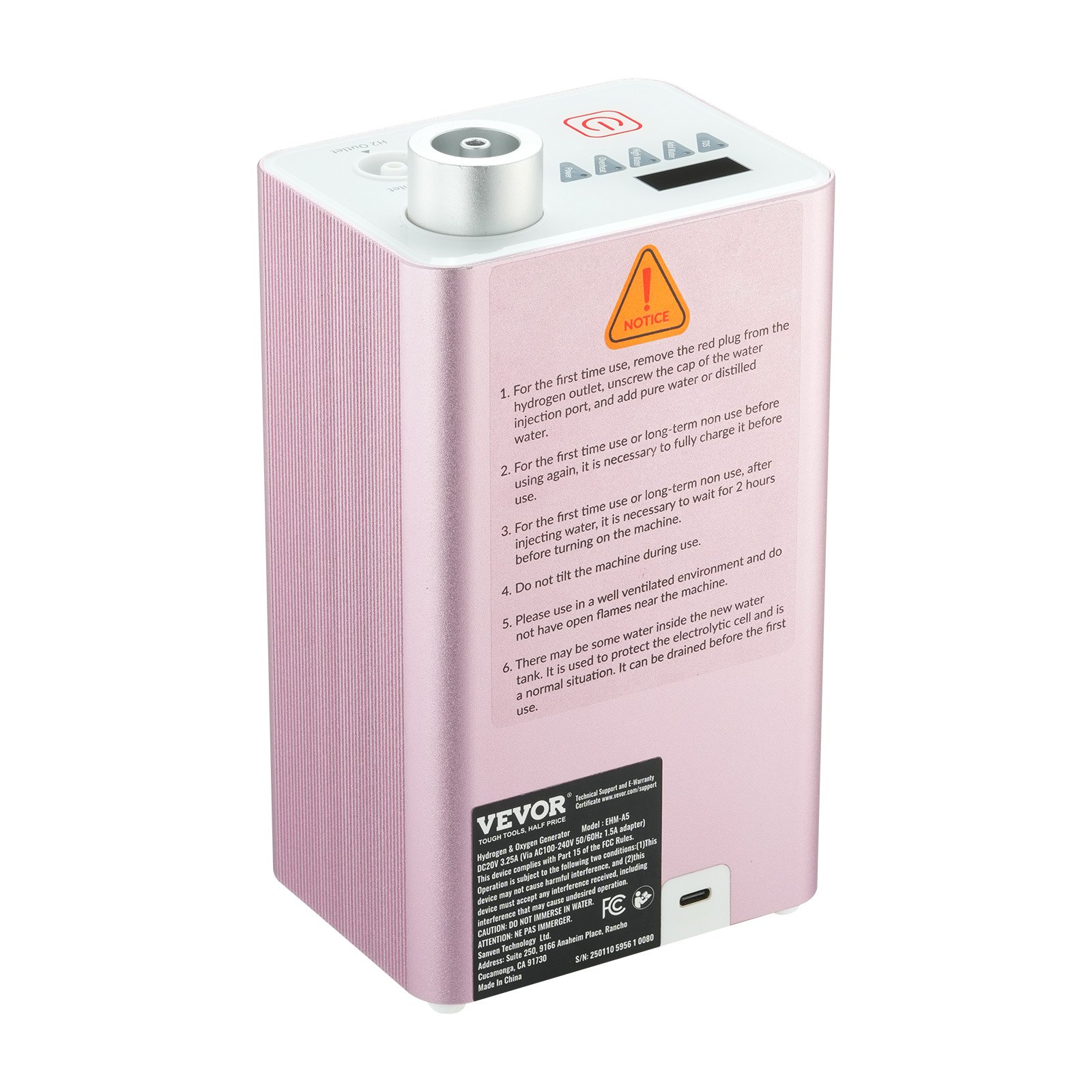 VEVOR Macchina per Inalazione di Idrogeno, Capacità del Serbatoio dell'Acqua di 260 ml Inalatore di Ossigeno e Idrogeno a Doppia Porta Separato da HO 180 ml/min Potenza di 50 W per Viaggi a Casa