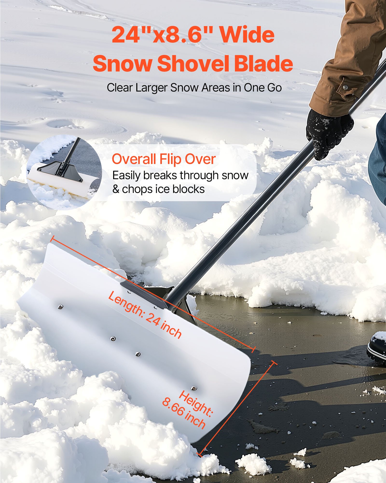 VEVOR Pala da Neve, Larga 61 cm con Impugnatura Ergonomica, Pale Invernali con Manico Segmentato, Lama Plastica HDPE, Strumento Portatile per Rimozione della Neve per Vialetti, Giardino, Campeggio