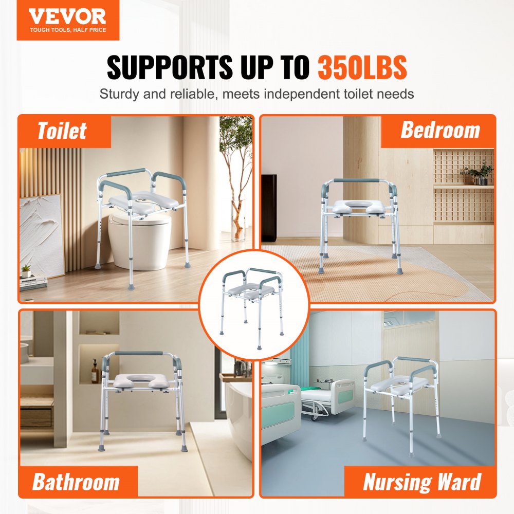 VEVOR Sedia da toilette, Comodino con Seduta e Braccioli Imbottiti, Altezza Regolabile su 7 Livelli, Secchio Rimovibile da 5,8 Litri, Capacità di 350 LBS