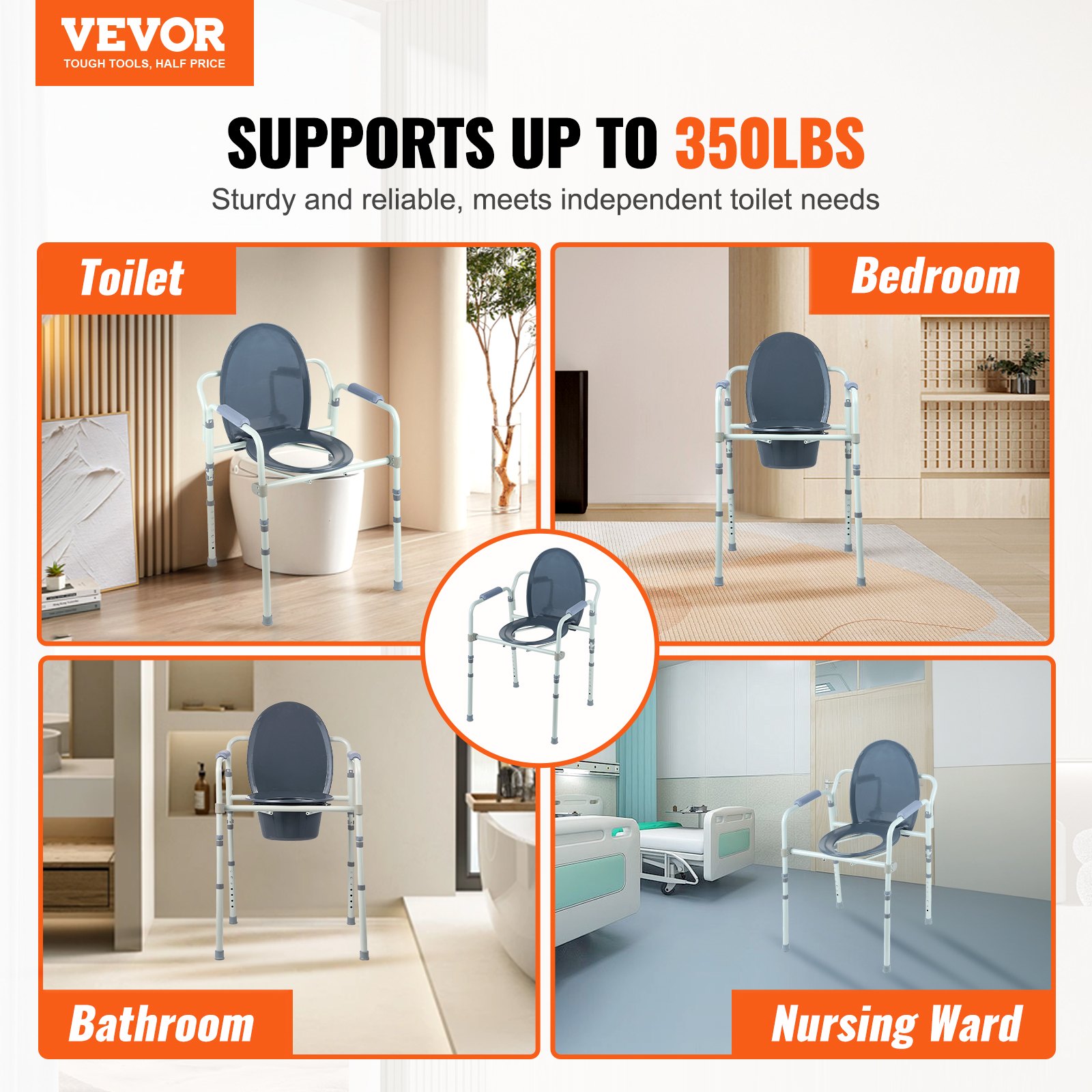 VEVOR Sedia da toilette, Comodino da comodino con sedile WC più ampio, Altezza regolabile su 7 livelli, Secchio rimovibile da 5,8 litri, Capacità 350 libbre, Sedile WC rialzato per Adulti Anziani