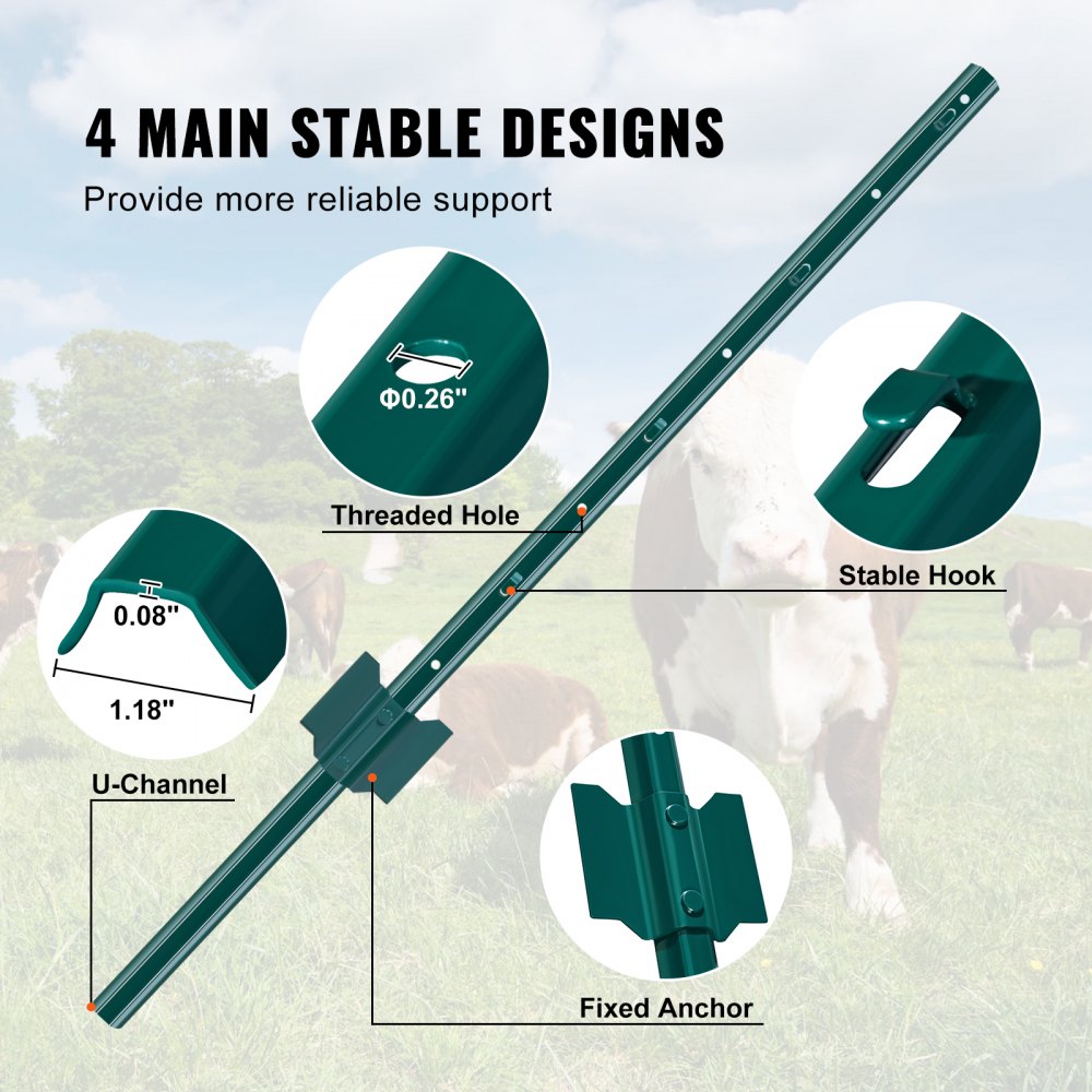 VEVOR 3 Foot Long Fence Posts, 10-Pack T-Posts Heavy-Duty Metal Fence Posts, Sturdy Steel Fence Stakes for Garden Yards, Lawns, Farms and Outdoor Chain Link Fences, Green