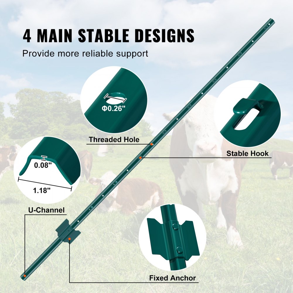 VEVOR 5 Foot Fence Posts, 10-Pack T-Posts Heavy-Duty Metal Fence Posts, Sturdy Steel Fence Stakes for Garden Yards, Lawns, Farms and Outdoor Chain Link Fences, Green