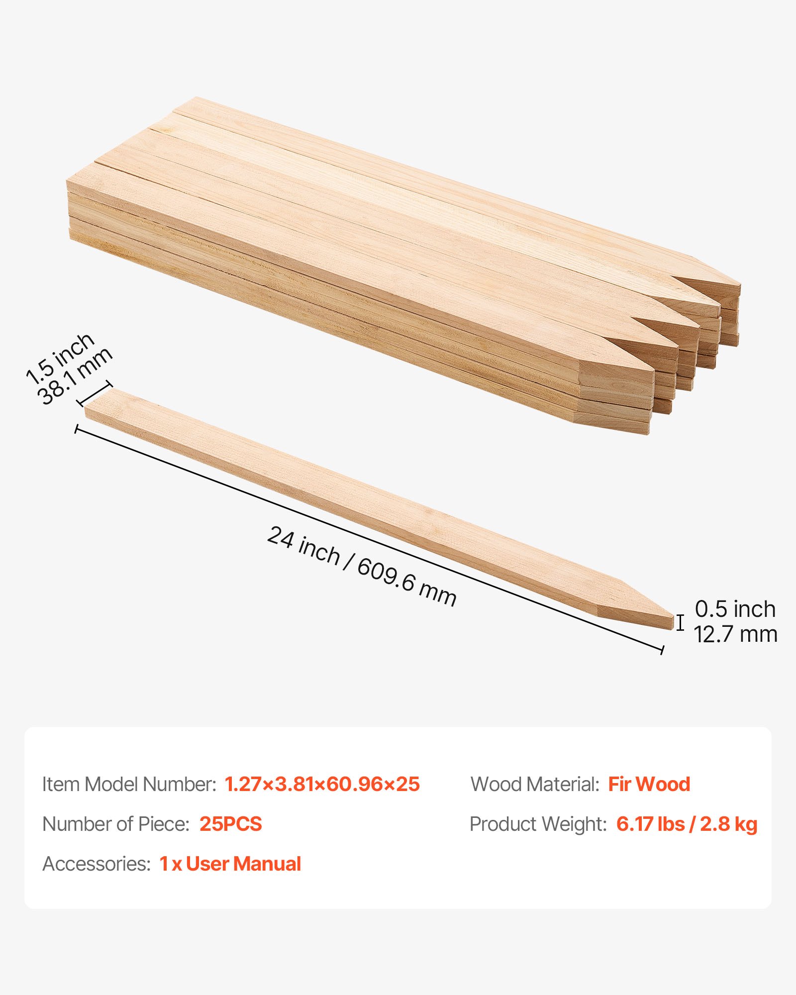 VEVOR Pali in Legno per Recinzione, Picchetti da Giardino in Legno di Abete con Punta Affilata, 12,7 x 38,1 x 609,6 mm, Pali di Recinzione Segnaletici per Confini di Cortili, 25 Pezzi