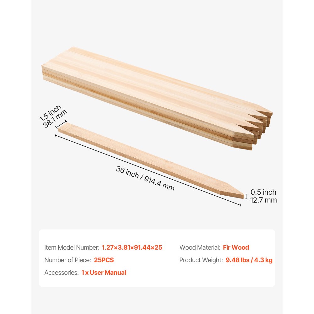 VEVOR Pali in Legno per Recinzione, Picchetti da Giardino in Legno di Abete con Punta Affilata, 12,7 x 38,1 x 914,4 mm, Pali di Recinzione Segnaletici per Confini di Cortili, 25 Pezzi