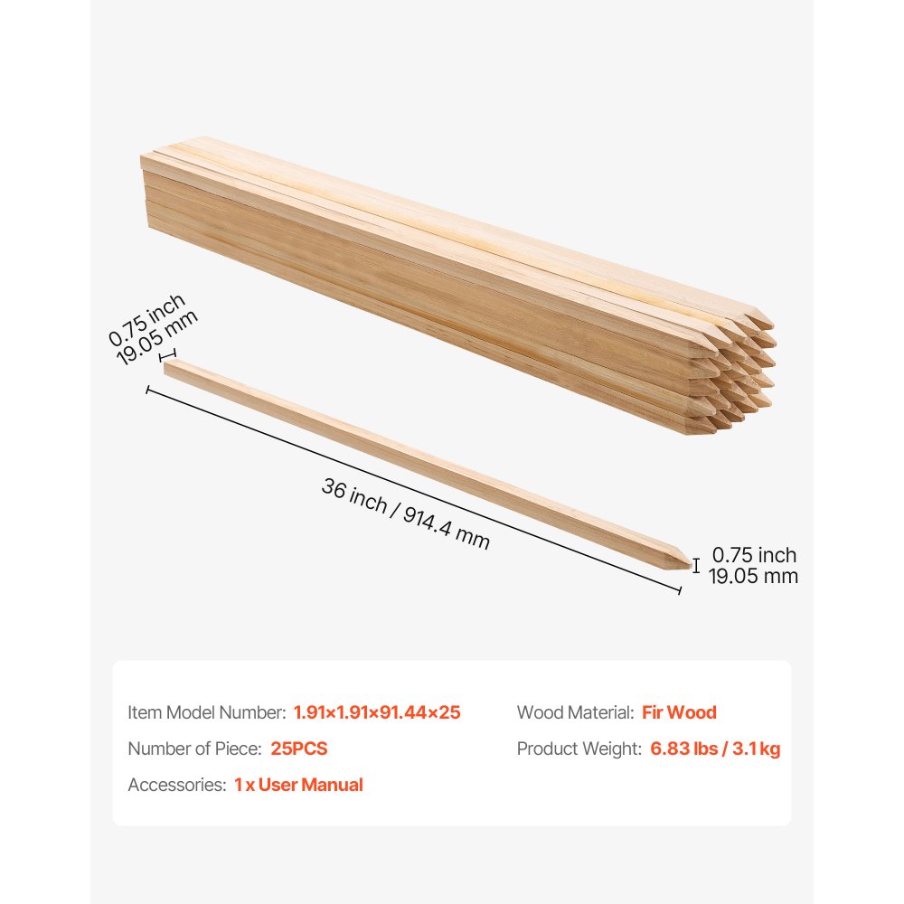 VEVOR Pali in Legno Duro per Recinzione, Picchetti da Giardino in Legno di Abete con Punta Affilata, 25 Pezzi 19,05 x 19,05 x 914.4 mm, Pali di Recinzione Segnaletici per Confini di Cortili