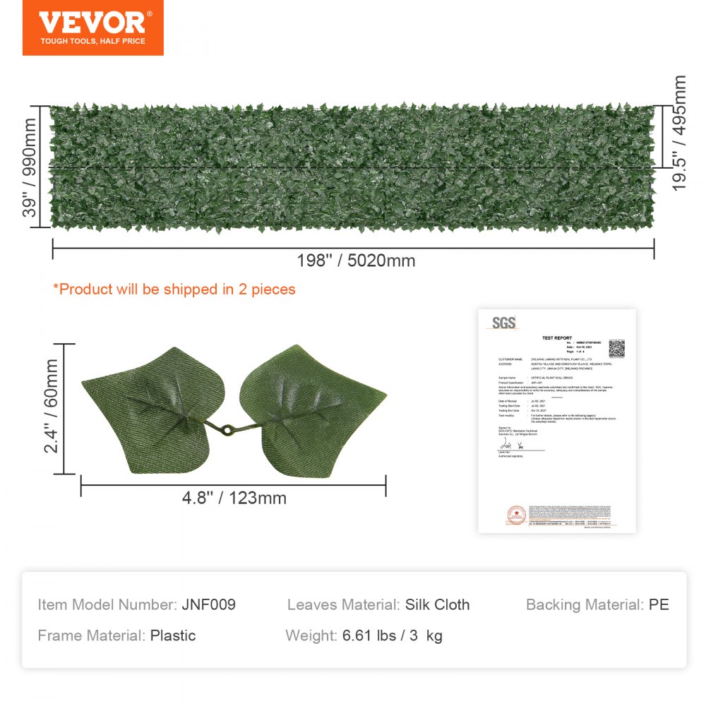 VEVOR Recinzione per Privacy Foglie d'Edera 502 x 99 cm, Recinzione da Parete di Prato Artificiale, Recinzione per l'Edera Verde con Supporto a Rete, Siepi Finte Decorazione Giardino Cortile Balcone