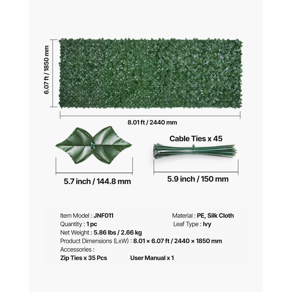 VEVOR Recinto per privacy edera 2440 x 1830 mm, Recinto per privacy foglie artificiale collegamento rinforzato, Siepe artificiale foglie decorazione per giardino, cortile, balcone terrazza