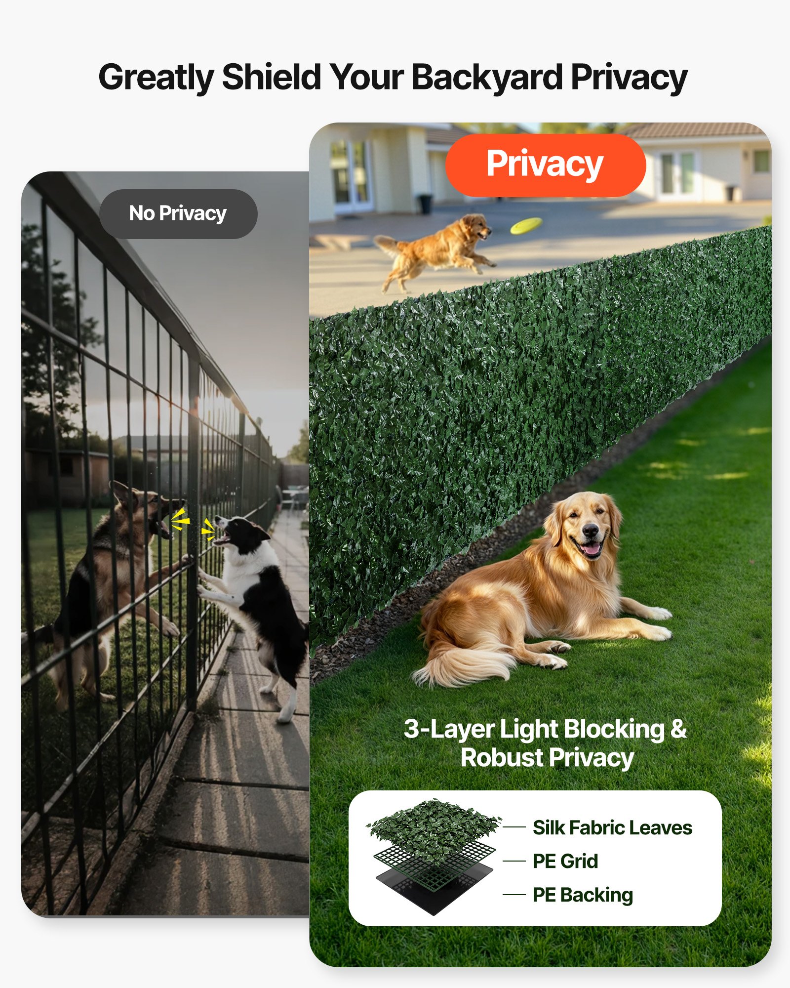VEVOR Recinto per privacy edera 2440 x 1830 mm, Recinto per privacy foglie artificiale collegamento rinforzato, Siepe artificiale foglie decorazione per giardino, cortile, balcone terrazza