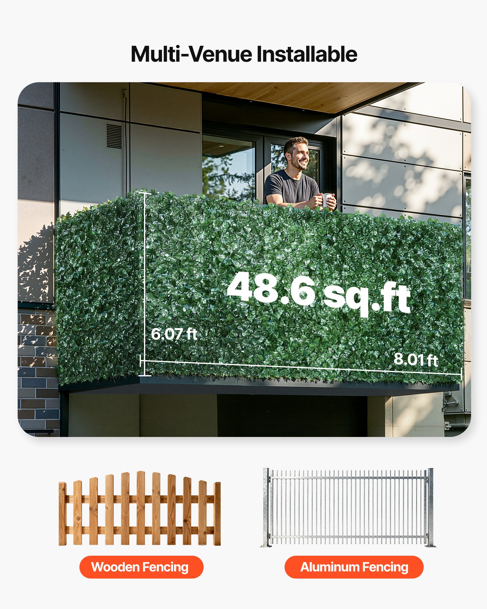 VEVOR Recinto per privacy edera 2440 x 1830 mm, Recinto per privacy foglie artificiale collegamento rinforzato, Siepe artificiale foglie decorazione per giardino, cortile, balcone terrazza