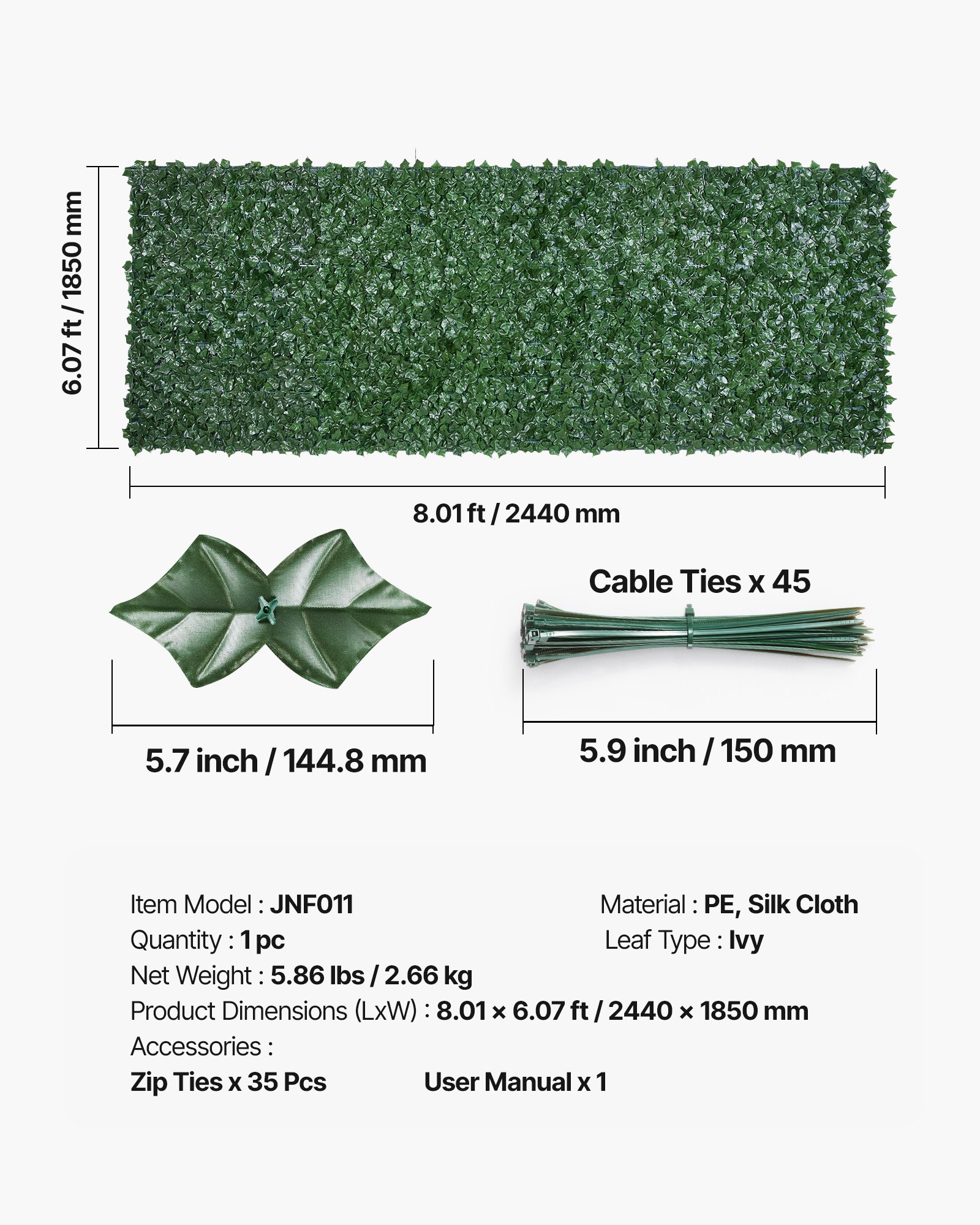 VEVOR Recinto per privacy edera 2440 x 1830 mm, Recinto per privacy foglie artificiale collegamento rinforzato, Siepe artificiale foglie decorazione per giardino, cortile, balcone terrazza