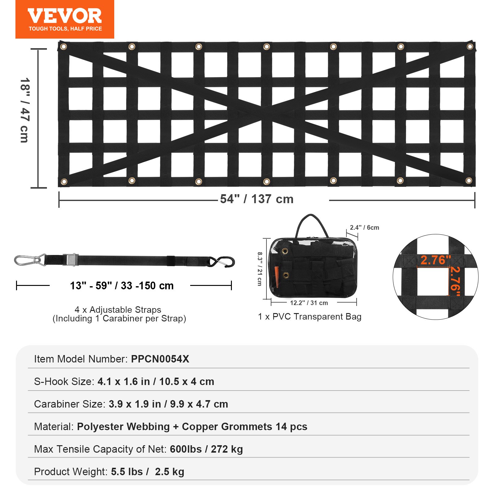 VEVOR Rete per Portellone Posteriore,  1380 x 470 mm, Rete per Carichi Pesanti per Cassone di Camion con 4 Cinghie Telescopiche Regolabili, Rinforzato Incrociato Adatta per Pick-up Camion Jeep SUV