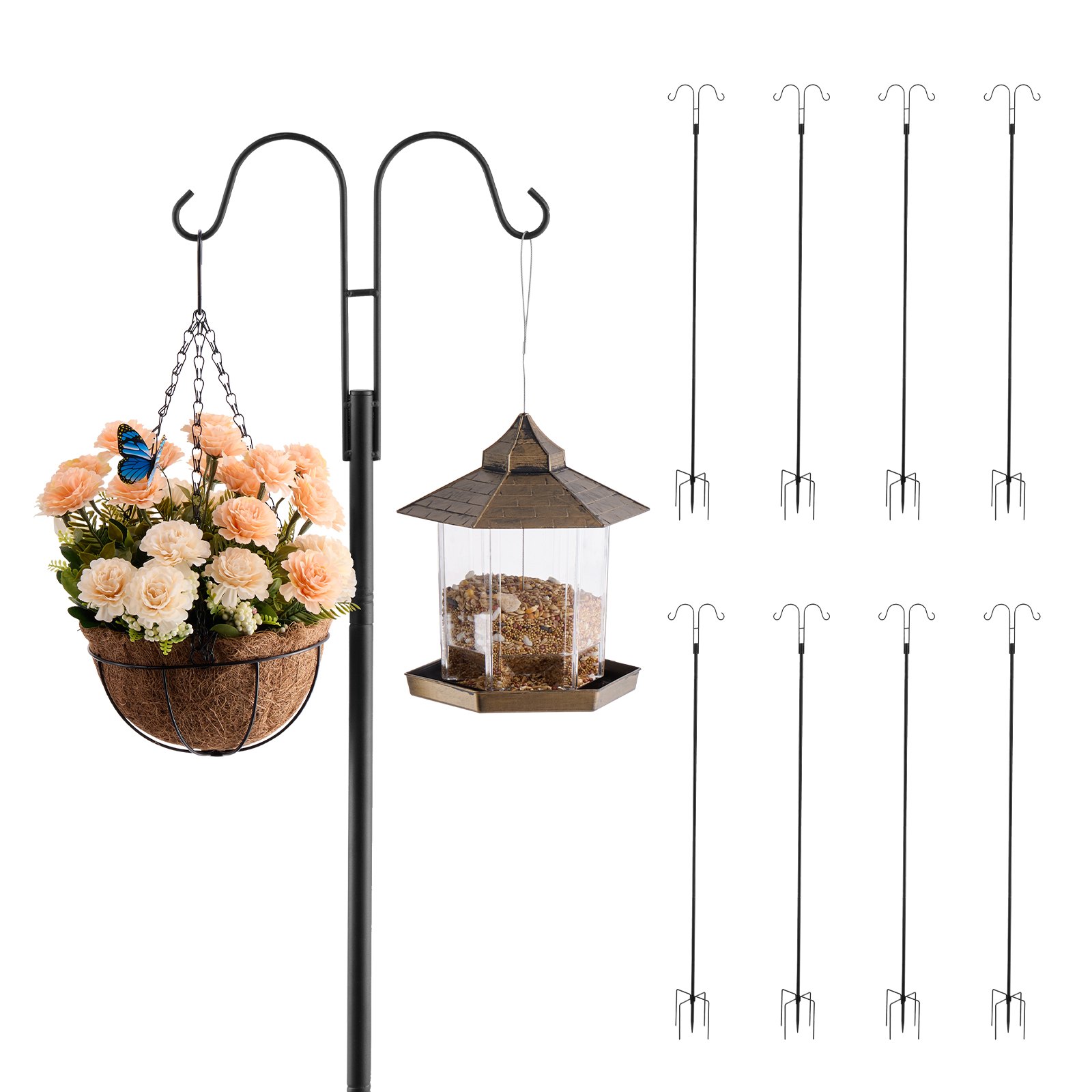VEVOR Shepherd's Hooks, 8-pack, 2345 mm, Garden Double Hooks for Lantern Poles, 1.9 cm Thick Garden Hooks for Hanging Hummingbird Feeders, Plant Baskets, Solar Lanterns, Wind Chimes