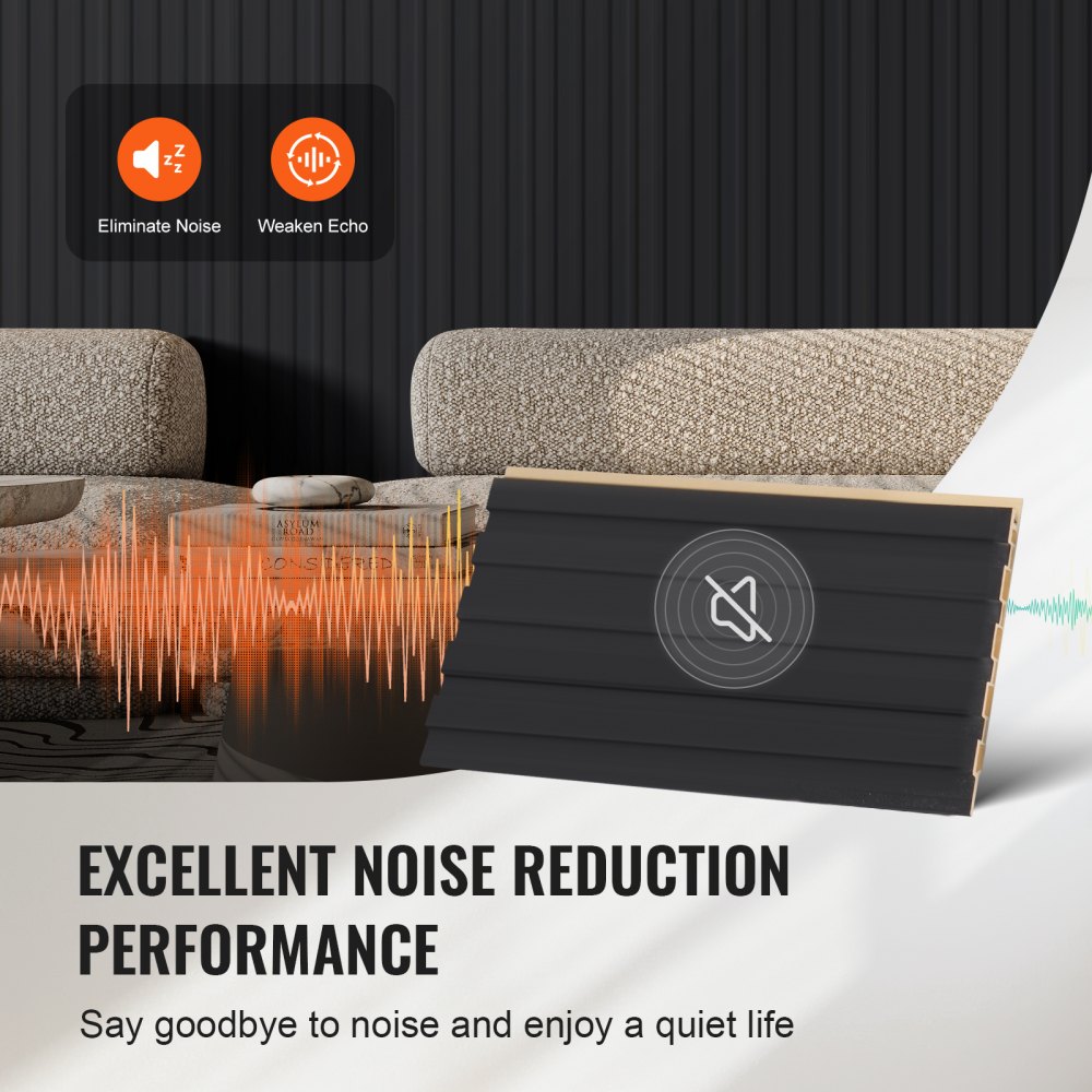 VEVOR Acoustic Panels, 2450x166mm, WPC Accent Wood Wall Panels for Modern Interior Walls, Artificial Wood Wall Panels for Stylish Decor and Noise Reduction, Matte Black, Set of 8