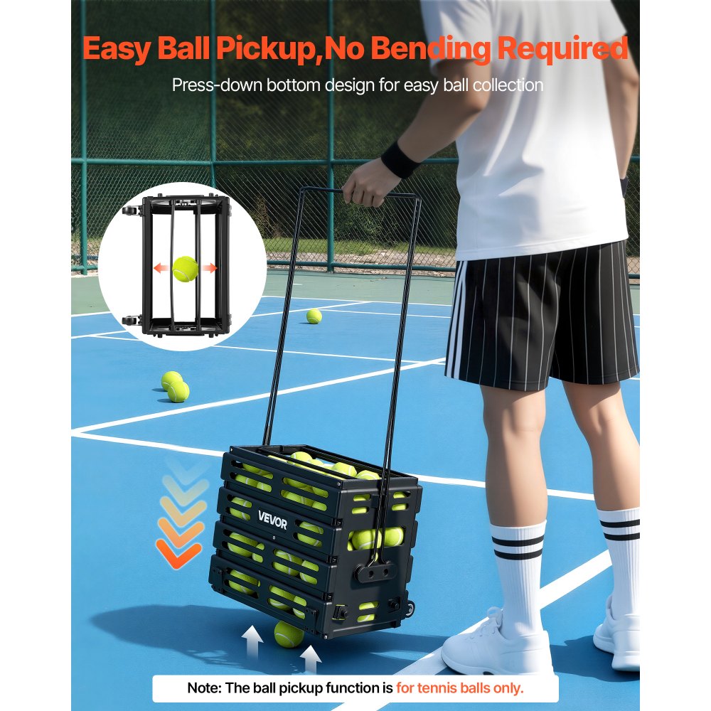 VEVOR Carrello Porta Palline da Tennis 2 in 1 con Cestello, Capacità 80 Palline, con Ruote Scorrevoli e Struttura Resistente, Facile da Spostare, Contenitore Portatile per Allenamento e Pickleball