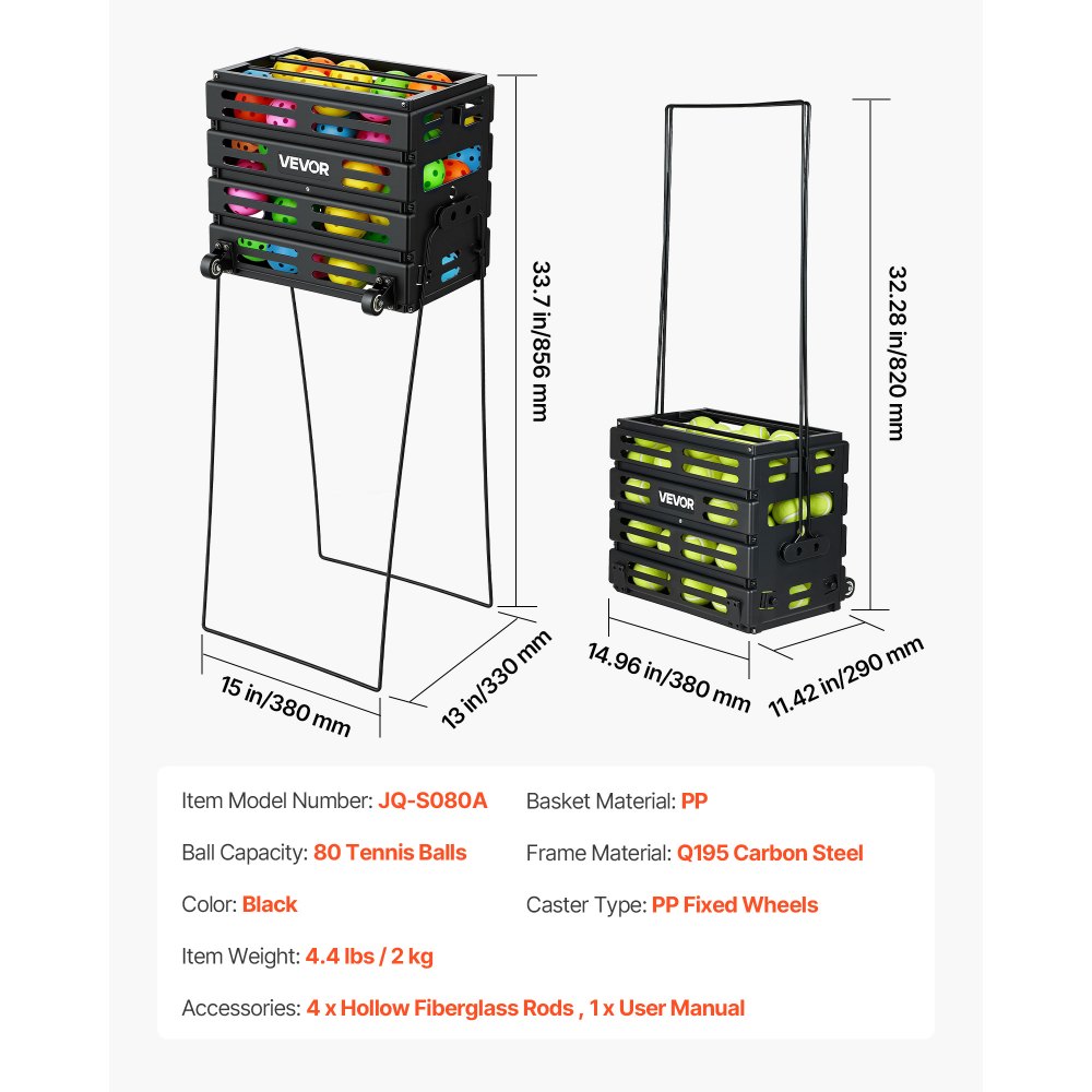 VEVOR Carrello Porta Palline da Tennis 2 in 1 con Cestello, Capacità 80 Palline, con Ruote Scorrevoli e Struttura Resistente, Facile da Spostare, Contenitore Portatile per Allenamento e Pickleball