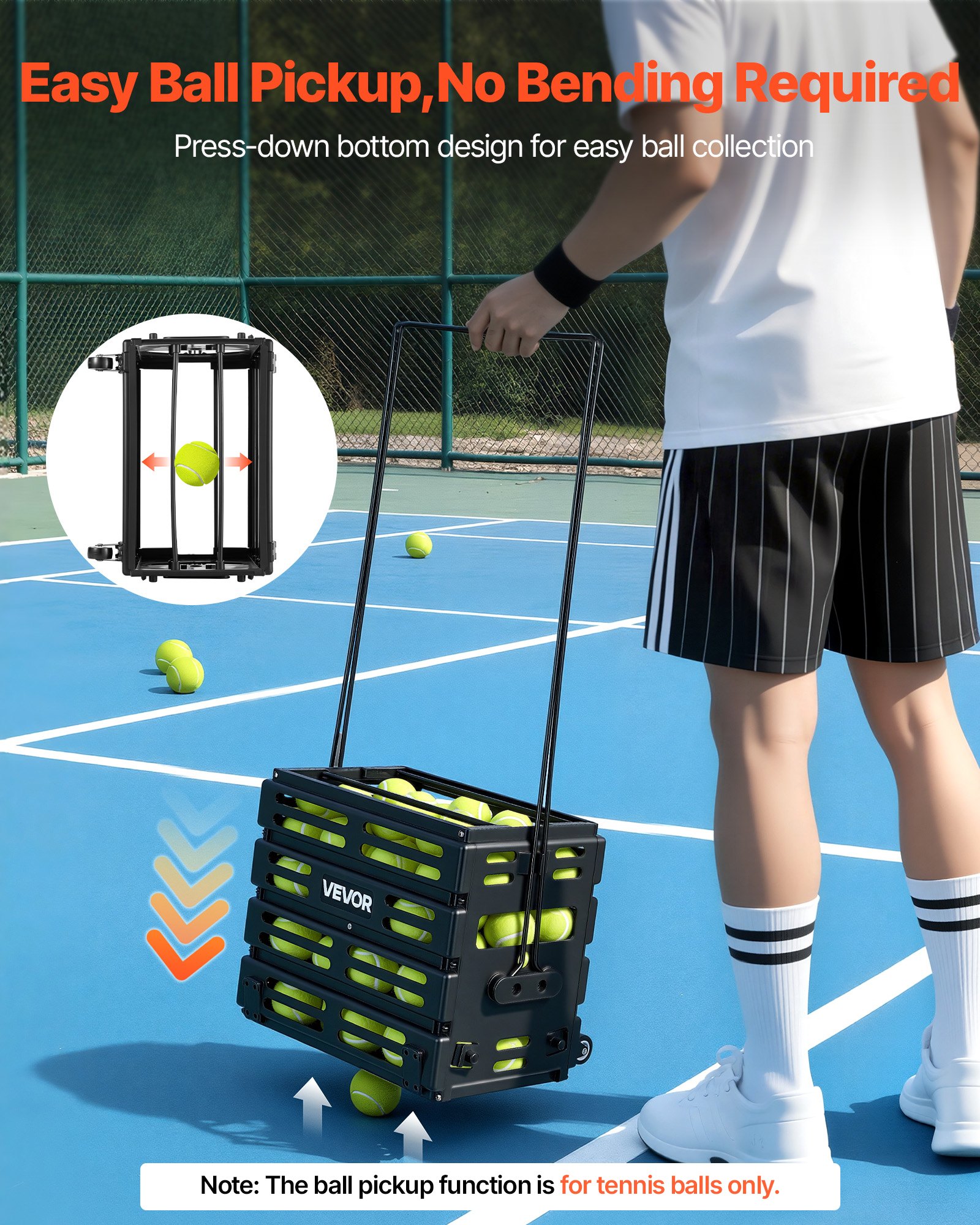 VEVOR Carrello Porta Palline da Tennis 2 in 1 con Cestello, Capacità 80 Palline, con Ruote Scorrevoli e Struttura Resistente, Facile da Spostare, Contenitore Portatile per Allenamento e Pickleball