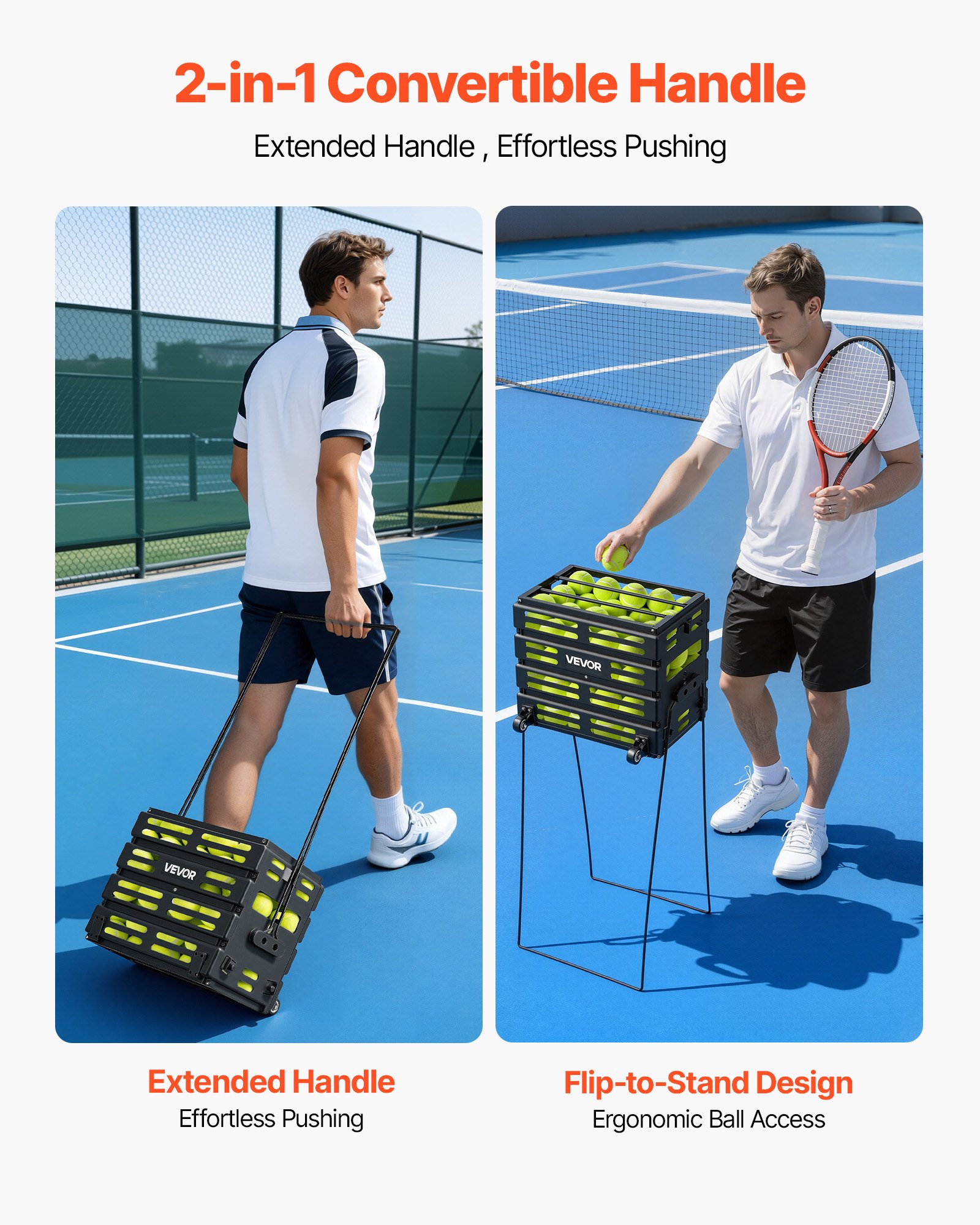 VEVOR Carrello Porta Palline da Tennis 2 in 1 con Cestello, Capacità 80 Palline, con Ruote Scorrevoli e Struttura Resistente, Facile da Spostare, Contenitore Portatile per Allenamento e Pickleball