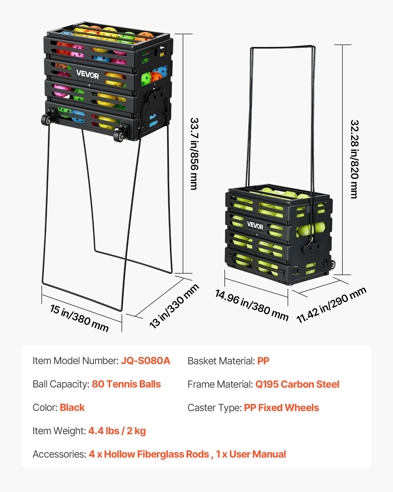 VEVOR Carrello Porta Palline da Tennis 2 in 1 con Cestello, Capacità 80 Palline, con Ruote Scorrevoli e Struttura Resistente, Facile da Spostare, Contenitore Portatile per Allenamento e Pickleball