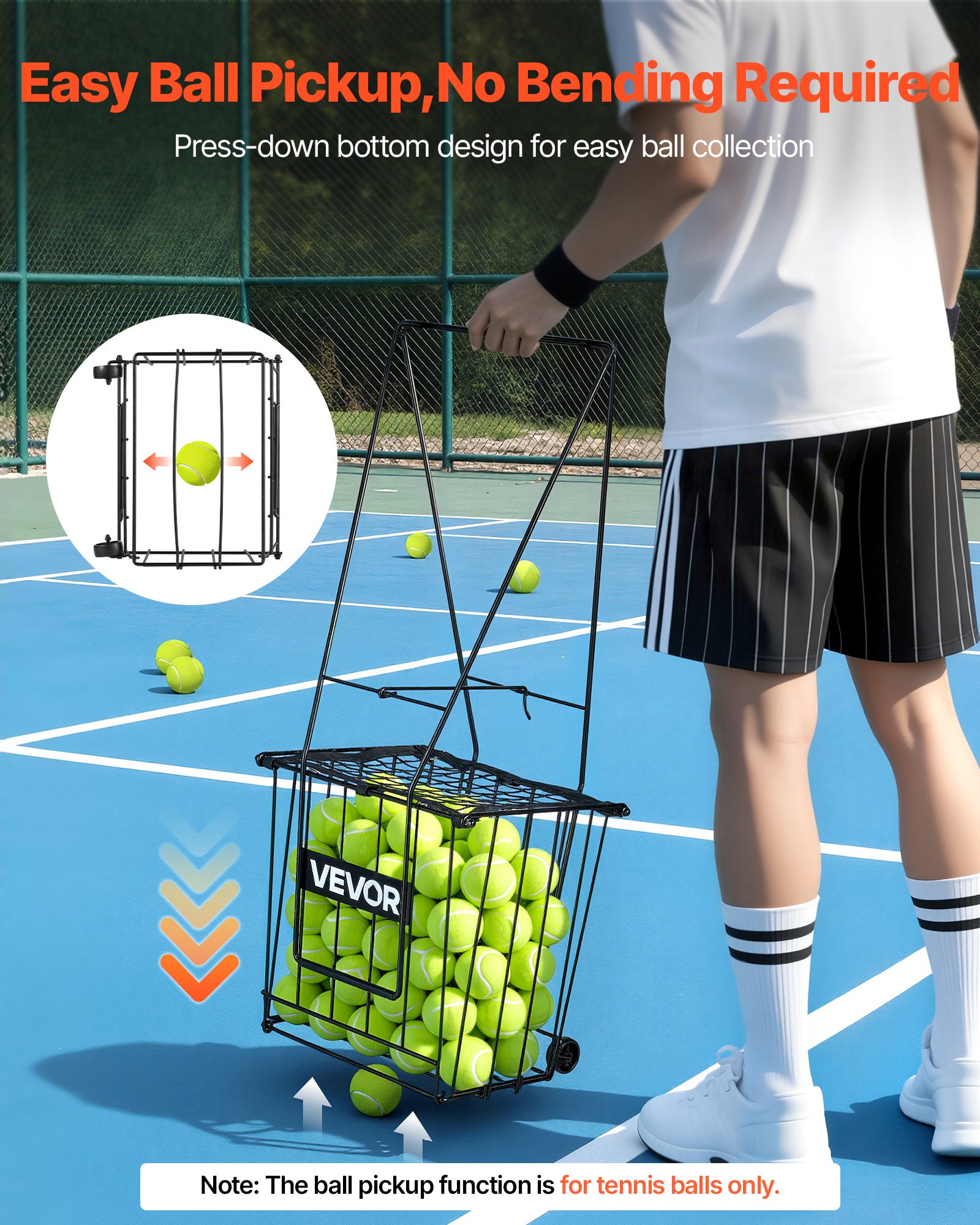 VEVOR Carrello Porta Palline da Tennis 2 in 1 con Cestello, Capacità 75 Palline, con Ruote Scorrevoli e Struttura Resistente, Facile da Spostare, Contenitore Portatile per Allenamento e Pickleball