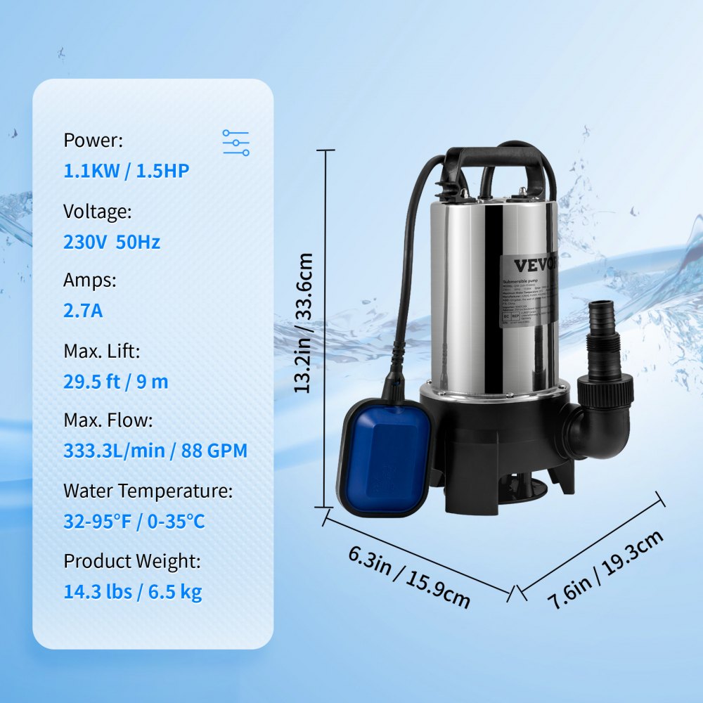 VEVOR Pompa Sommersa Elettrica da Drenaggio per Acqua Sporca 1100W da Giardino Laghi Pozzo, Elettropompa a Immersione per Drenaggio di Acque Sporche Nere Scure 2,7A 1100W per Piscina Giardino Pozzetto