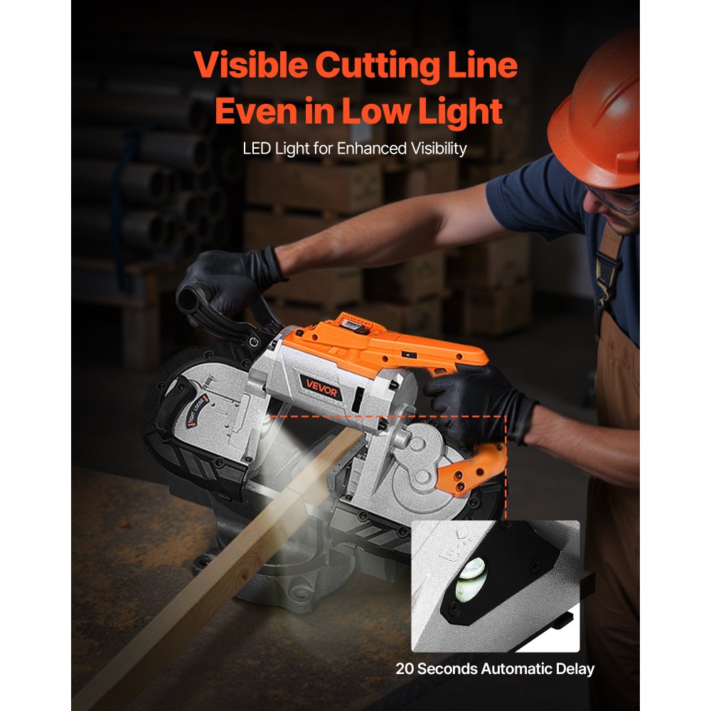 VEVOR Sega a Nastro Portatile da 20 V, Taglio Profondo da 127 mm, 360 W con Motore Brushless, Portatile e Compatta Senza Fili, Ganci per Appendere, Velocità Variabile, Solo Utensile Nudo