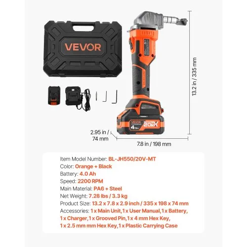Roditrice Per Lamiere Senza Fili VEVOR – Motore Brushless 2200 Giri/min, Batteria 20V 4000mAh, Taglia Acciaio E Alluminio