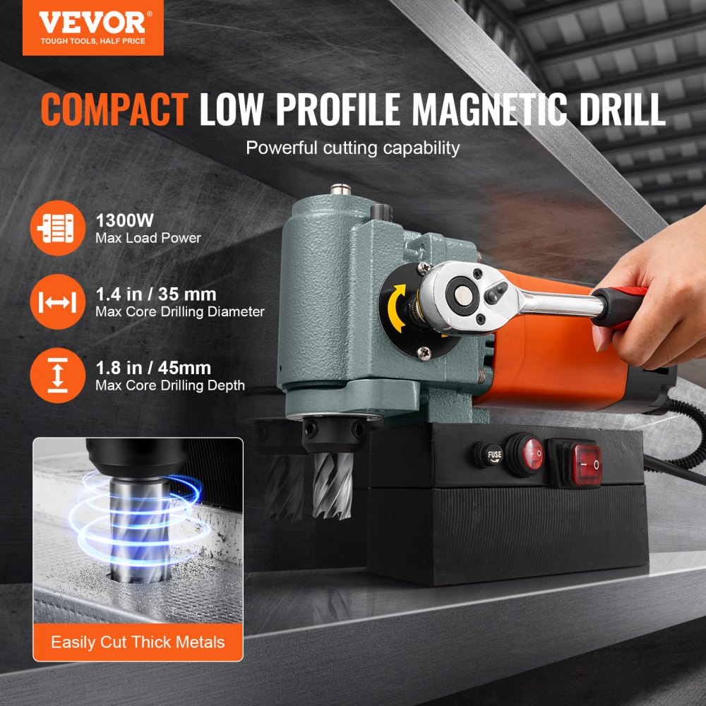 VEVOR Magnetic Drilling Machine, Core Drilling Machine 1300 W, Flat Portable Magnetic Drilling Machine with Cooling Device and Overload Protection, Magnetic Press for Equipment Installation, Industry, Metalworking, Orange