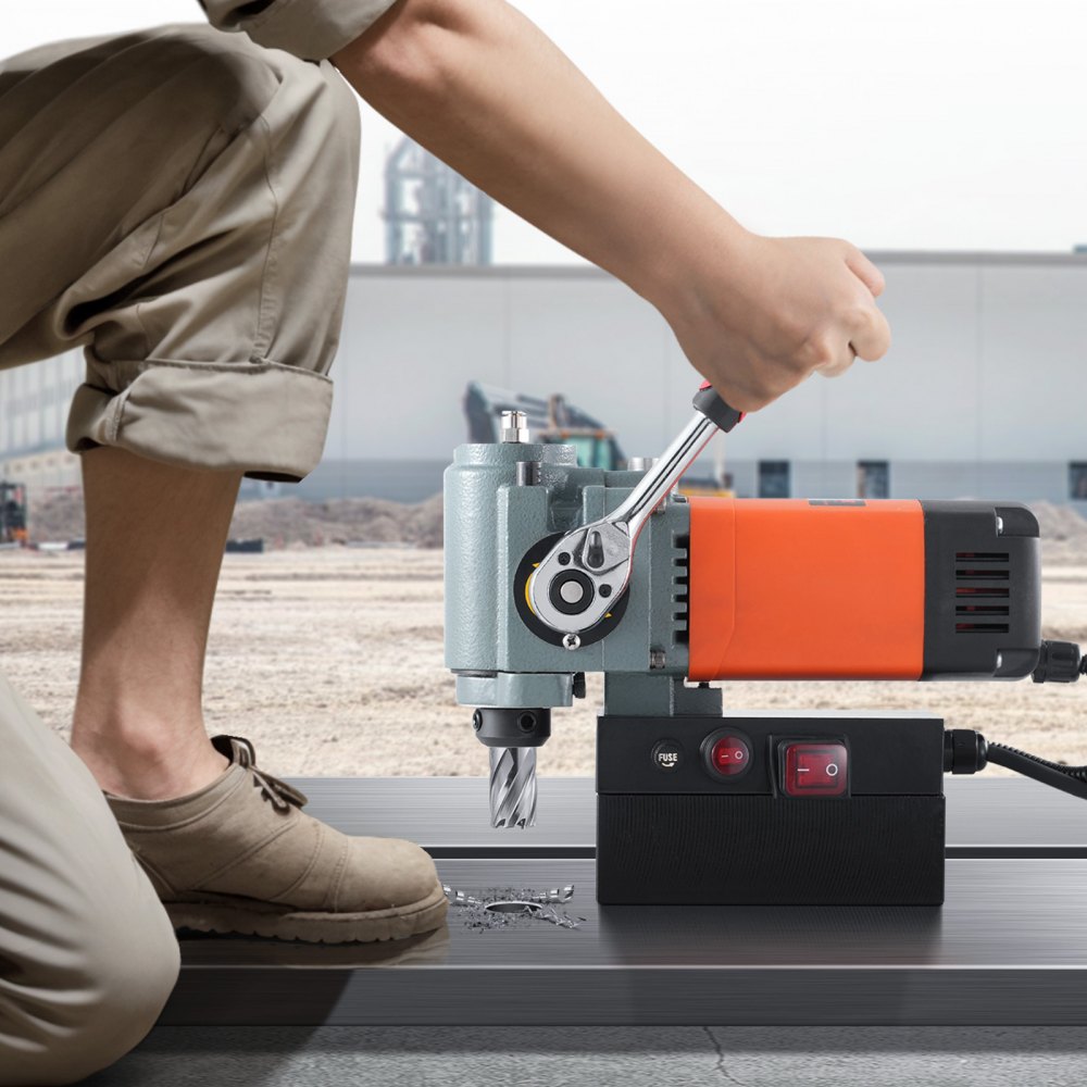 VEVOR Magnetic Drilling Machine, Core Drilling Machine 1300 W, Flat Portable Magnetic Drilling Machine with Cooling Device and Overload Protection, Magnetic Press for Equipment Installation, Industry, Metalworking, Orange