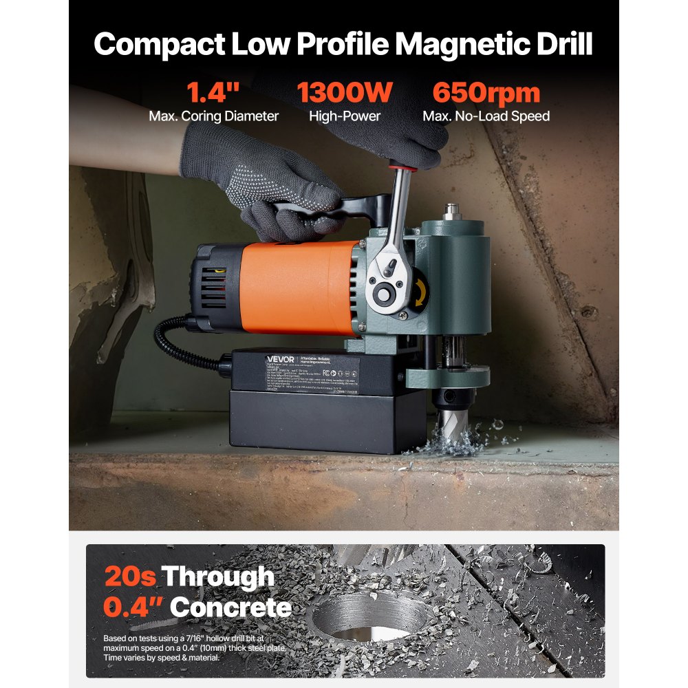 VEVOR Low Profile Magnetic Drill Press, 1300 W, 35 mm Boring Diameter, 10000N Power Portable Mag Drill Press, 650RPM Speed, with Weldon Shank, for Metal Surface, Industrial and Home Improvement