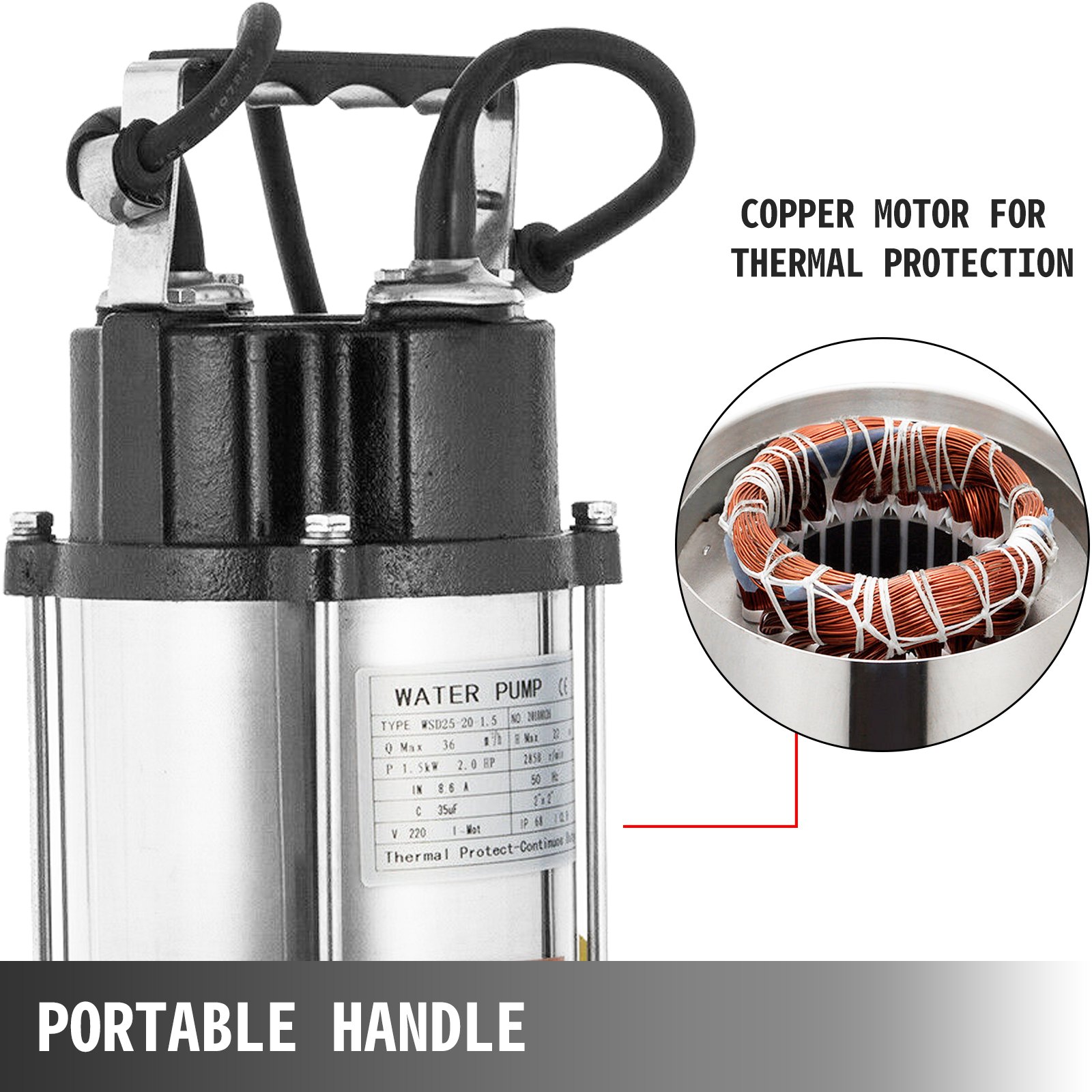 Pompa Sommersa 2hp Elettropompa Acciaio Inox 1500w Per Fogna Acque Sporche 22m