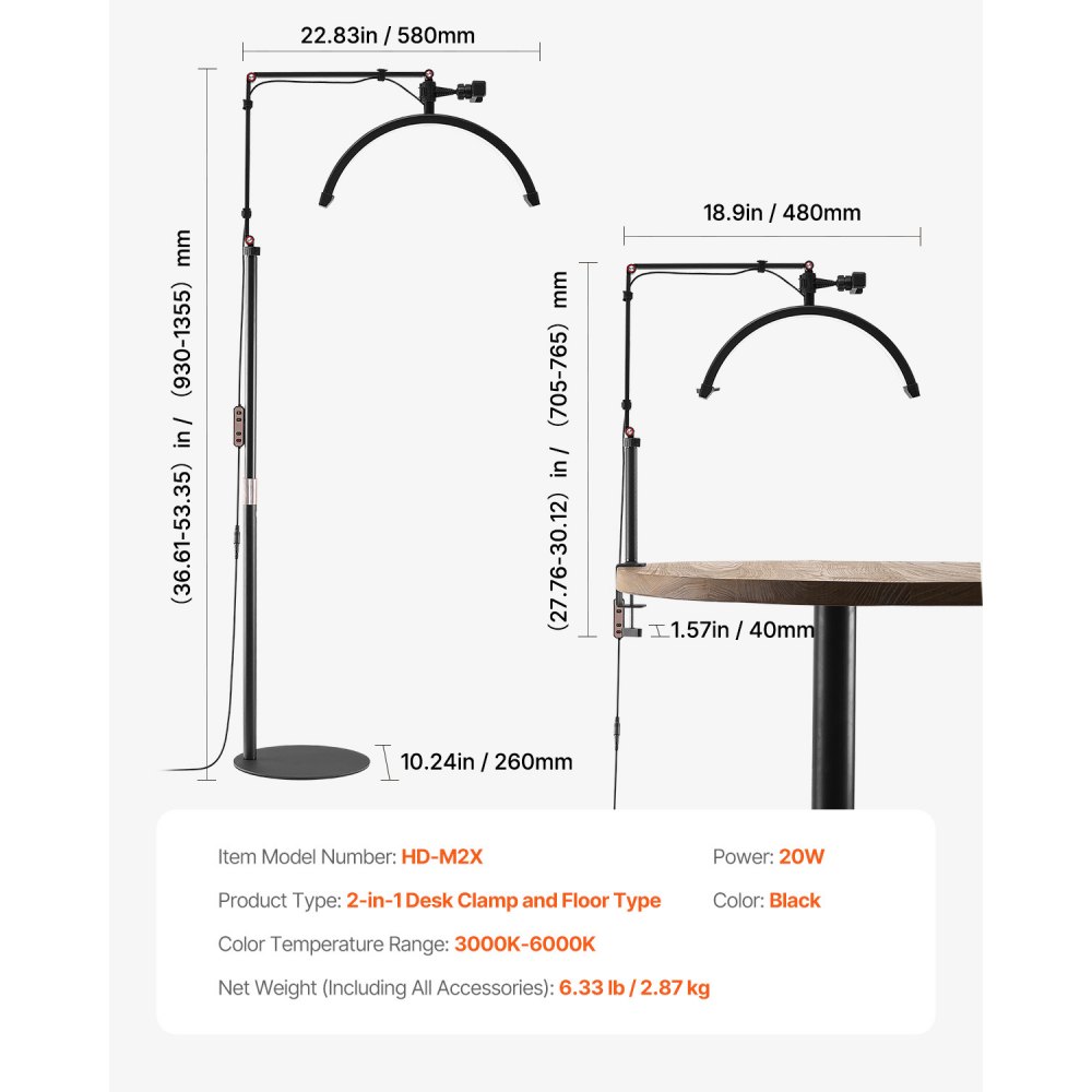 VEVOR Lampada da Tavolo e da Pavimento per Centro Estetico LED Dimmerabile 20W, Lampada da Terra ad Arco con Supporto di Telefonino con Telecomando per Salone Bellezza Cura di Pelle Trucco