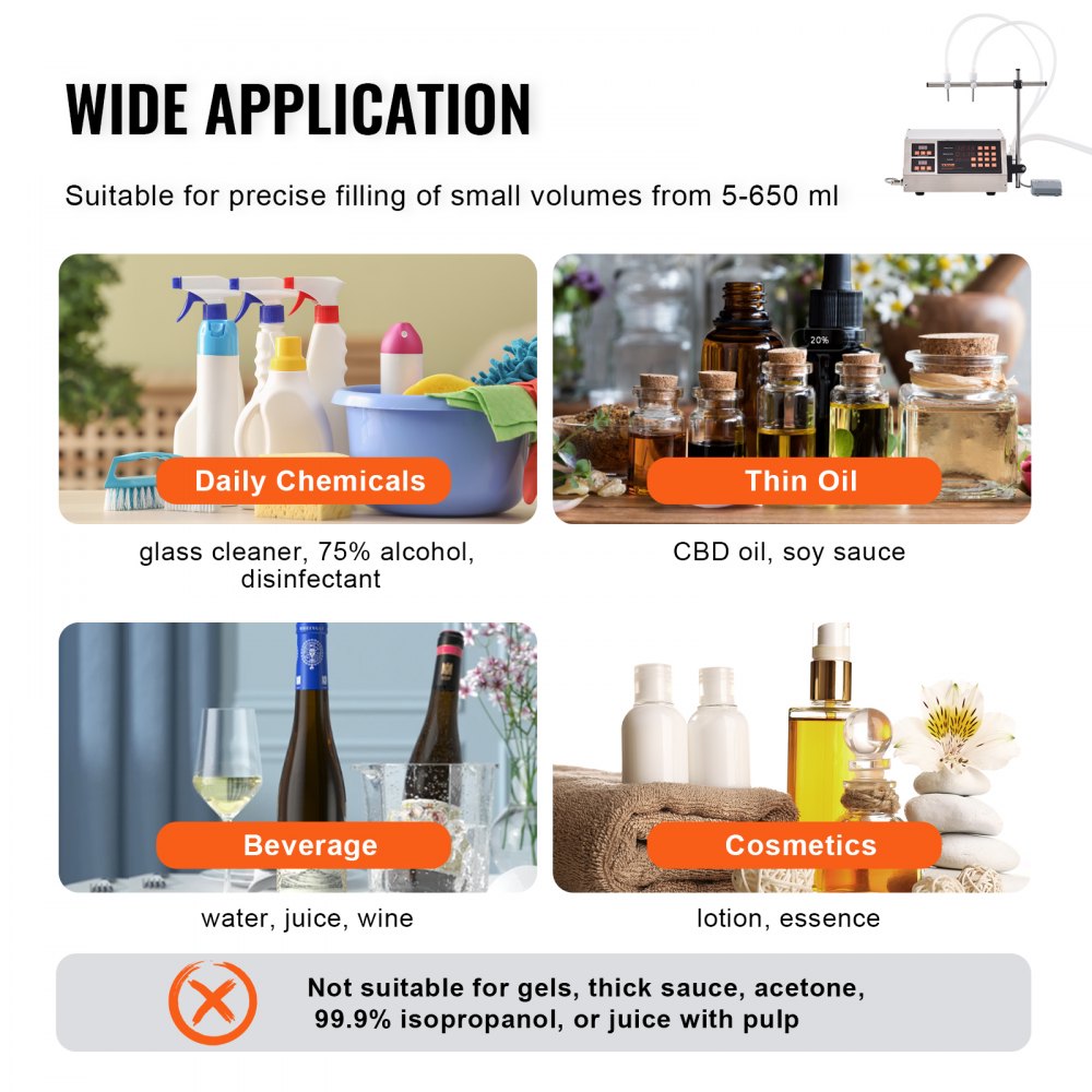 VEVOR Riempitrice per Liquidi Capacità Pesatura 5-650mL, Riempitrice Liquidi Automatica per Bottiglie Controllo Digitale, Riempitrice da Banco con Pompa Peristaltica Acqua Latte Vino Bevande Shampoo