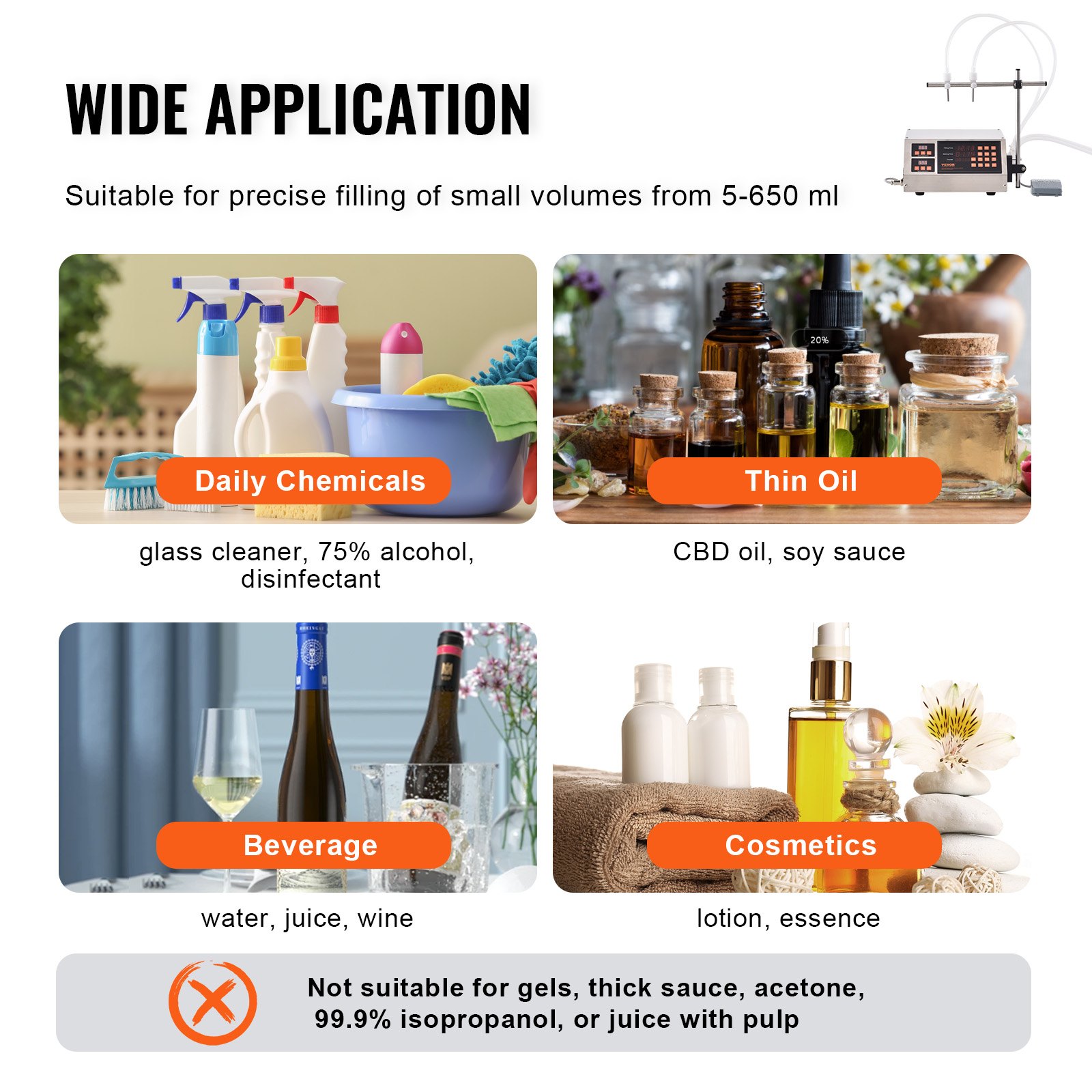 VEVOR Riempitrice Liquidi Capacità di Pesatura 5-650 mL, Riempitrice Liquidi Automatica per Bottiglie Controllo Digitale, Riempitrice da Banco con Pompa Peristaltica Acqua Latte Vino Bevande Shampoo