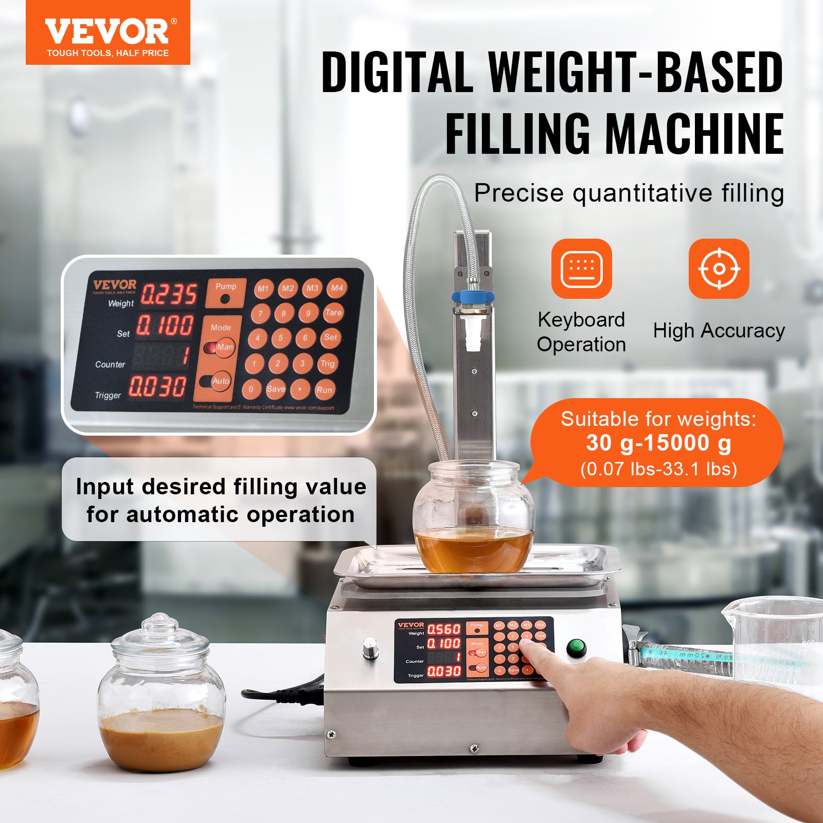 VEVOR Riempitrice Liquidi Capacità di Pesatura 30-15000 g, Riempitrice Liquidi Automatica per Bottiglie Controllo Digitale, Riempitrice da Banco per Imbottigliatrice Acqua Latte Vino Bevande Shampoo