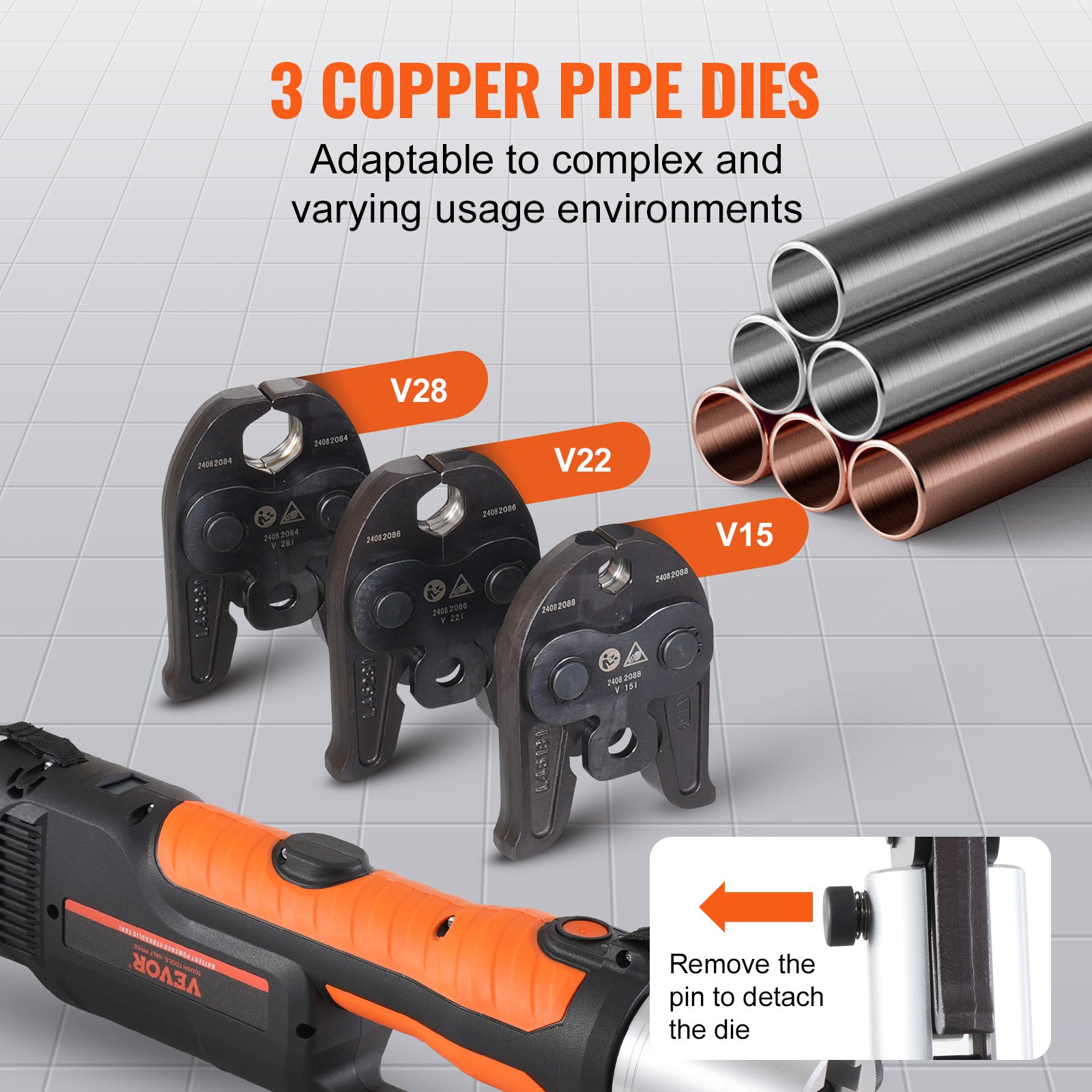 VEVOR crimping tool and battery set, Pro crimping tool, electric pipe crimping tool with V15, V22, and V28 jaws, crimping tool set with two 18V 4.0Ah batteries, fast charger, and carrying case