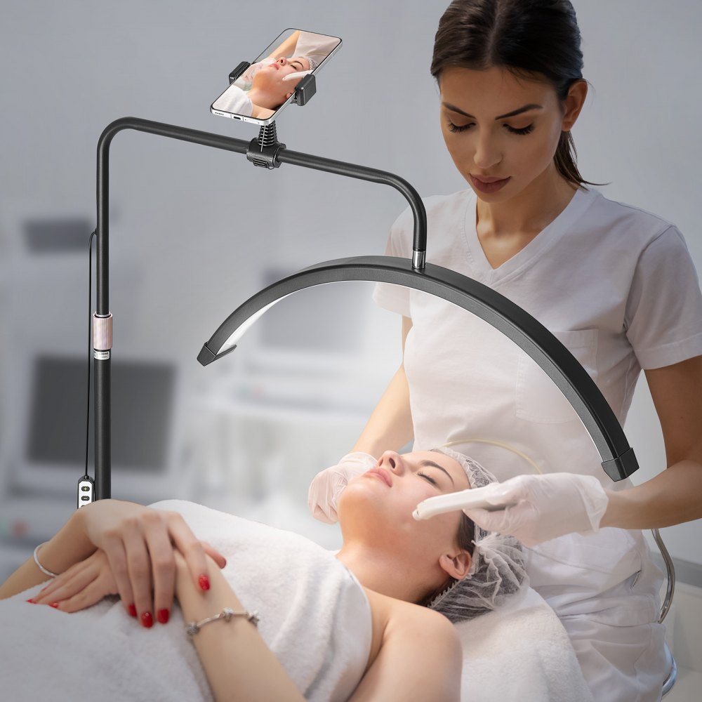 VEVOR Lampada da Pavimento per Centro Estetico LED Dimmerabile 40W, Lampada da Terra ad Arco 23 pollici con Supporto di Telefonino con Telecomando per Salone Bellezza Cura di Pelle Trucco