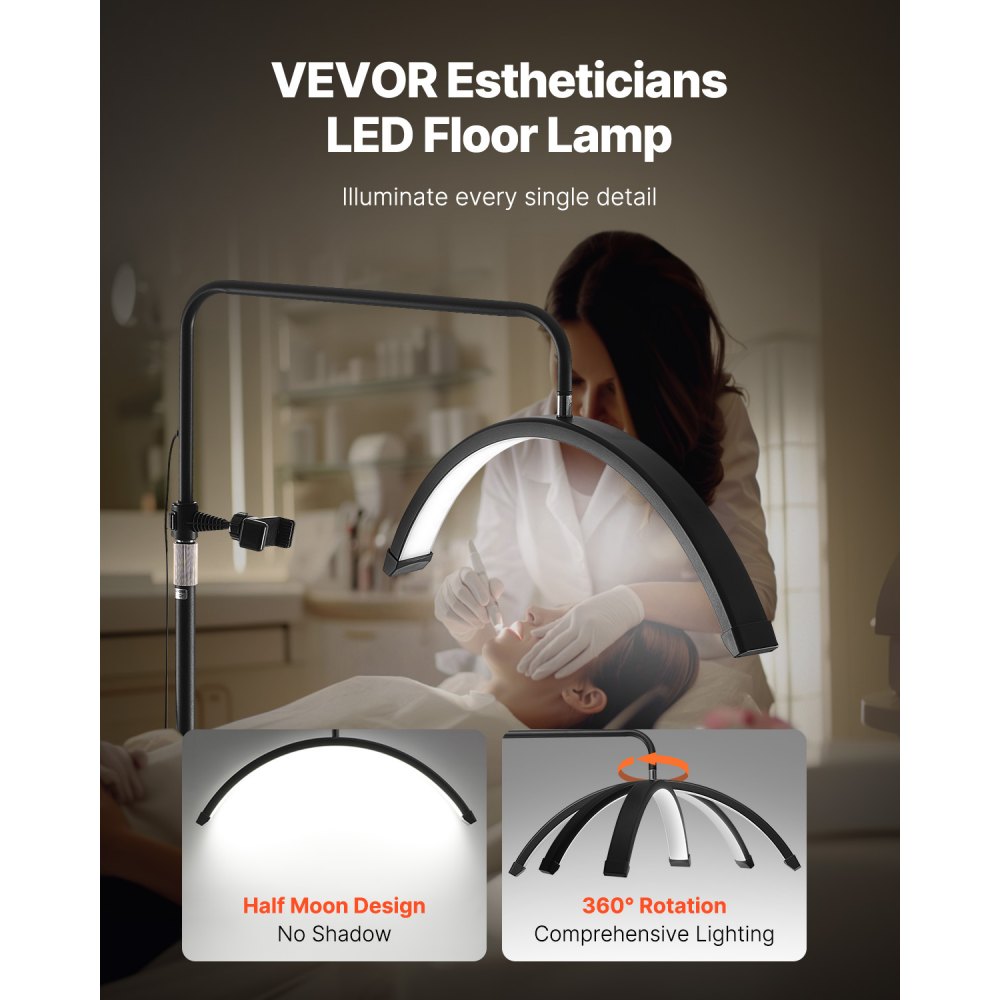 VEVOR Crescent Moon Light Adjustable Dimmable LED Floor Lamp (max. 1855 mm height), Eyelash Light for Eyelash Extensions, Eyelash Lamp with Phone Holder & Remote Control, for Skin Care and Eyebrows