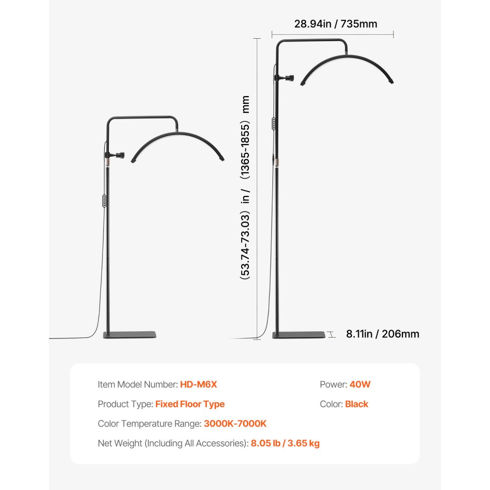 VEVOR Crescent Moon Light Adjustable Dimmable LED Floor Lamp (max. 1855 mm height), Eyelash Light for Eyelash Extensions, Eyelash Lamp with Phone Holder & Remote Control, for Skin Care and Eyebrows