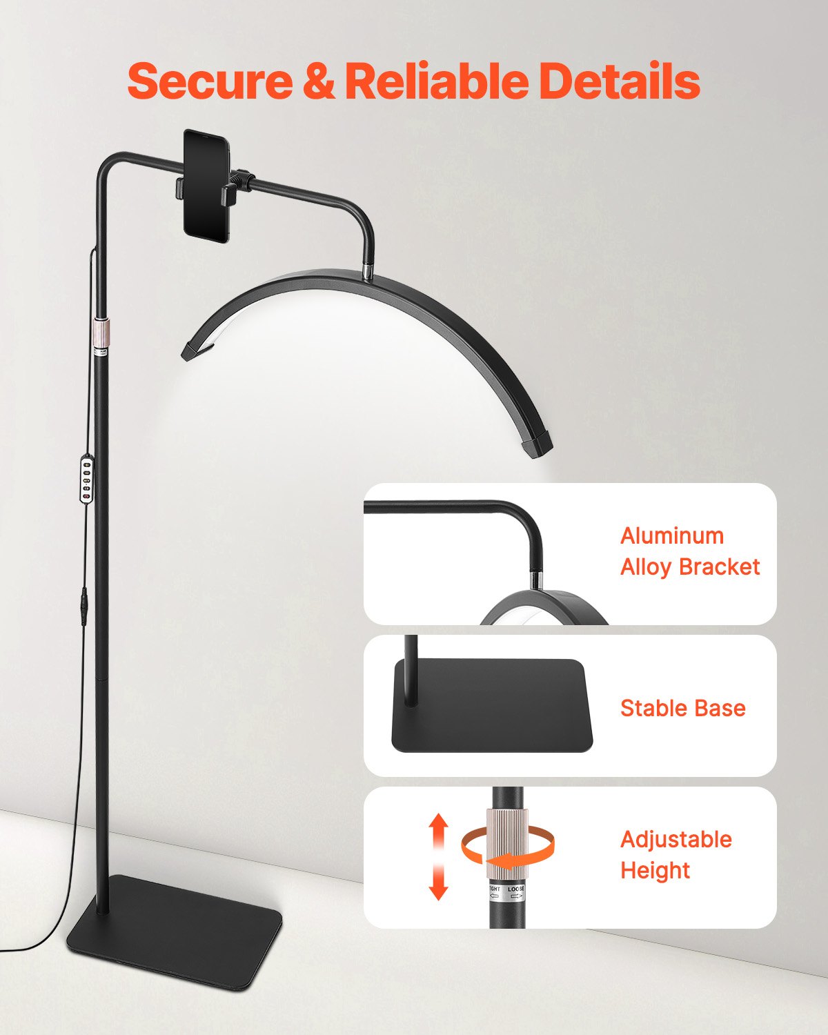 VEVOR Lampada da Pavimento per Centro Estetico LED Dimmerabile 40W, Lampada da Terra ad Arco 23 pollici con Supporto di Telefonino con Telecomando per Salone Bellezza Cura di Pelle Trucco