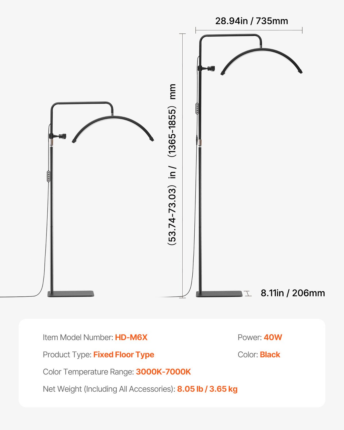 VEVOR Lampada da Pavimento per Centro Estetico LED Dimmerabile 40W, Lampada da Terra ad Arco 23 pollici con Supporto di Telefonino con Telecomando per Salone Bellezza Cura di Pelle Trucco