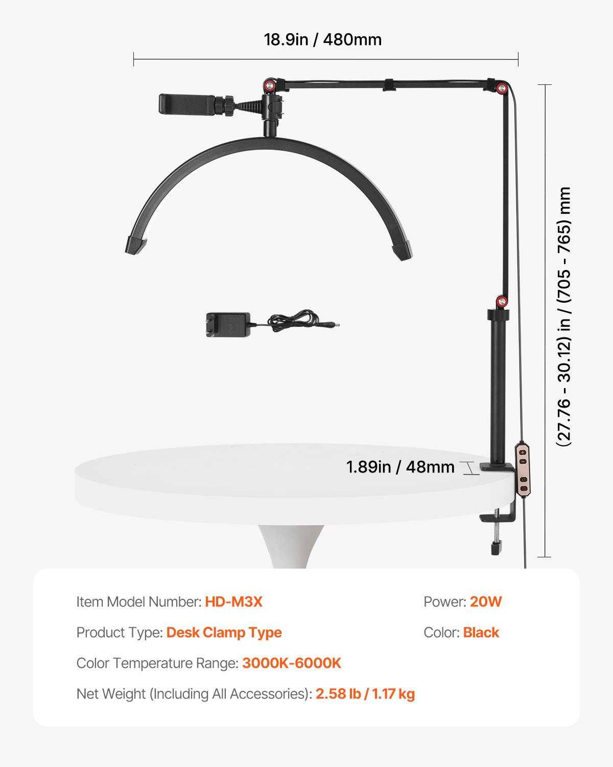 VEVOR Lampada da Tavolo per Unghie con Pinza da 20 W con Supporto per Telefonino Luminosità Temperatura del Colore Regolabile, Lampada da Tavolo a LED ad Arco per Trucco Salone Bellezza