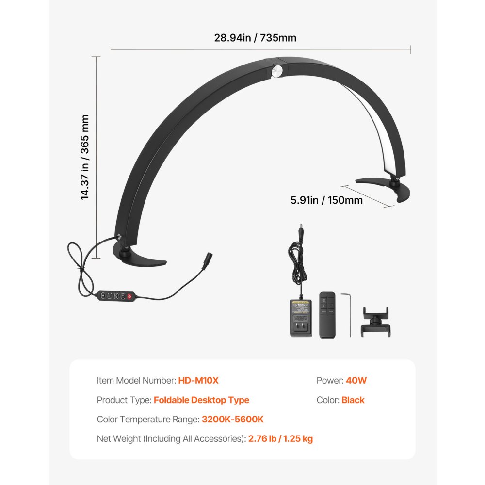 VEVOR Lampada da Tavolo per Unghie a Forma di Mezzaluna da 40 W con Supporto per Telefonino Luminosità Temperatura del Colore Regolabile, Lampada da Tavolo a LED ad Arco per Trucco Salone Bellezza