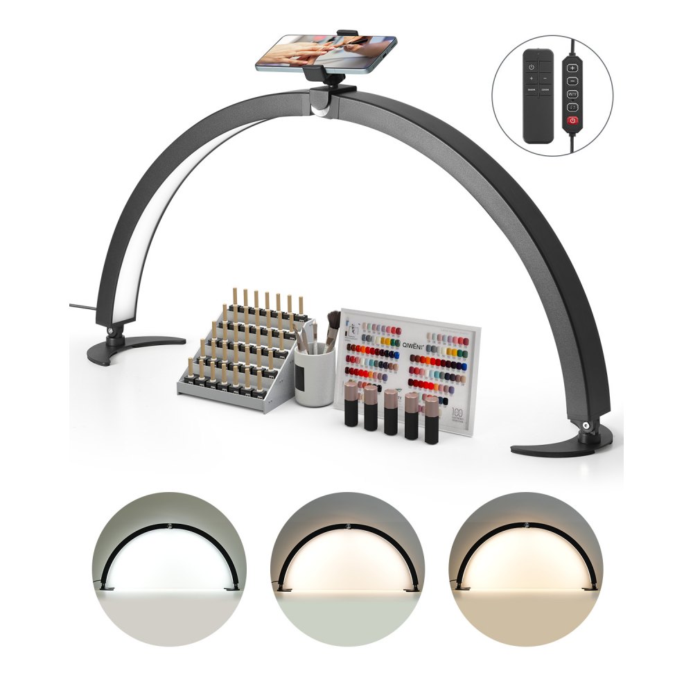 VEVOR Lampada da Tavolo per Unghie a Forma di Mezzaluna da 40 W con Supporto per Telefonino Luminosità Temperatura del Colore Regolabile, Lampada da Tavolo a LED ad Arco per Trucco Salone Bellezza
