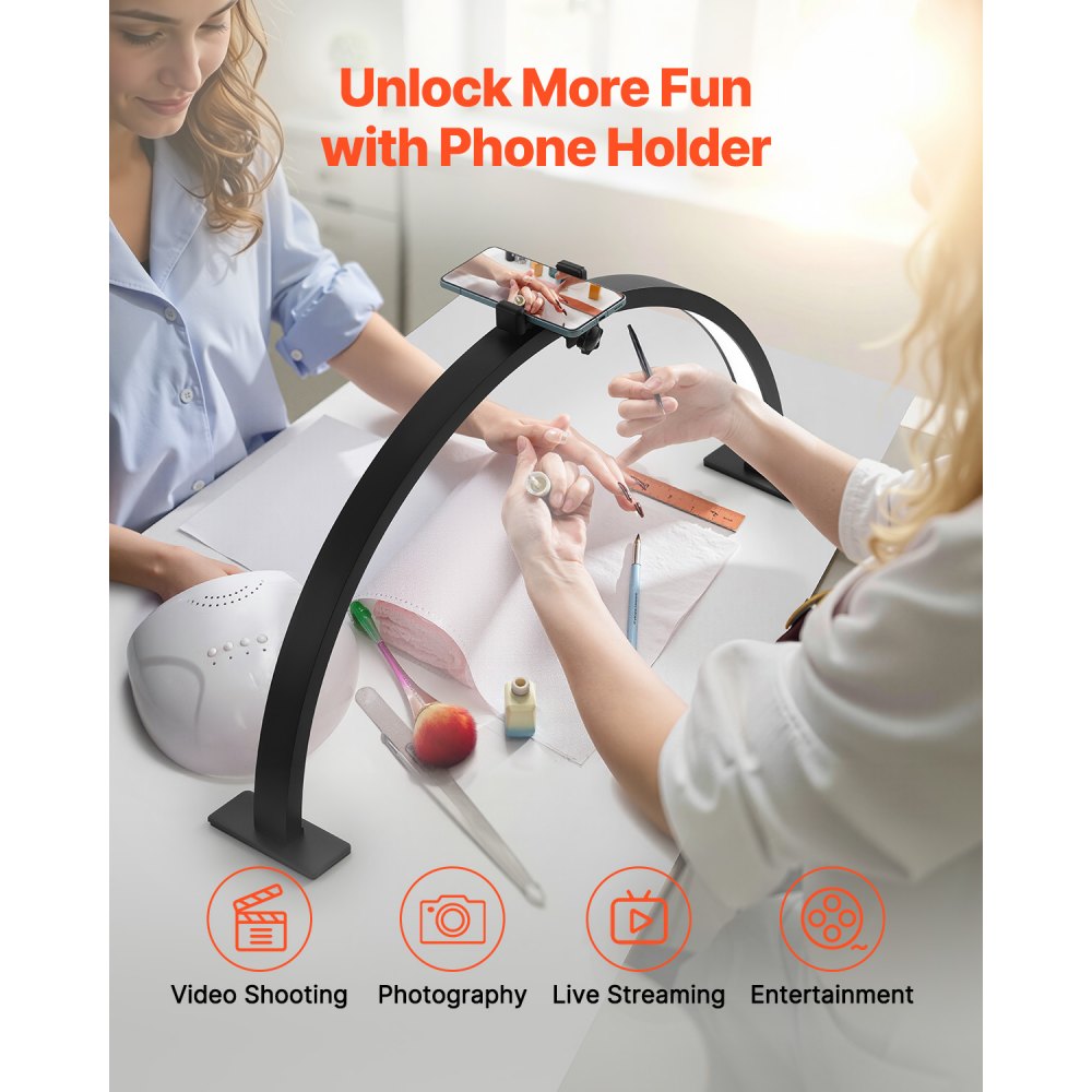 VEVOR Lampada da Tavolo per Unghie a Forma di Mezzaluna da 30 W con Supporto per Telefonino Luminosità Temperatura del Colore Regolabile, Lampada da Tavolo a LED ad Arco per Trucco Salone Bellezza