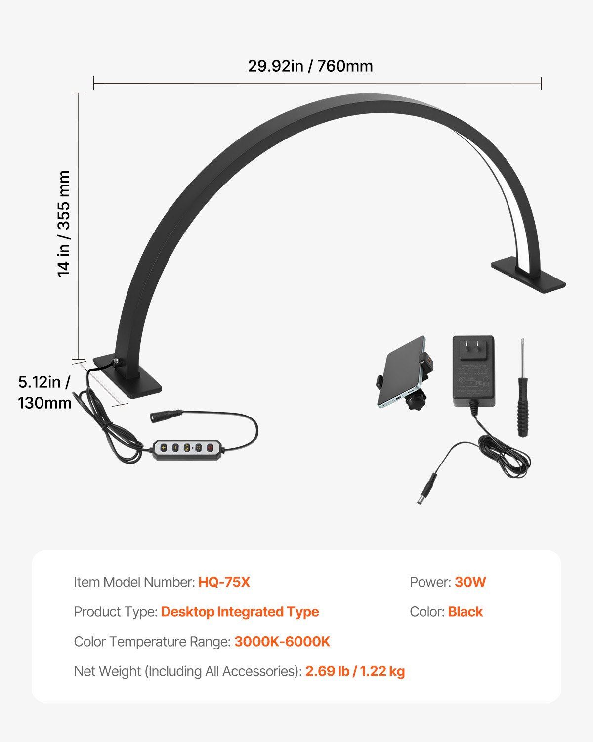 VEVOR Desktop Crescent Light for Nails with Phone Holder (30 W 76 cm long) Nail Technician Light, Nail Table Lamp with Adjustable Brightness, LED Table Lamp for Nail Technicians and Eyelash Extensions