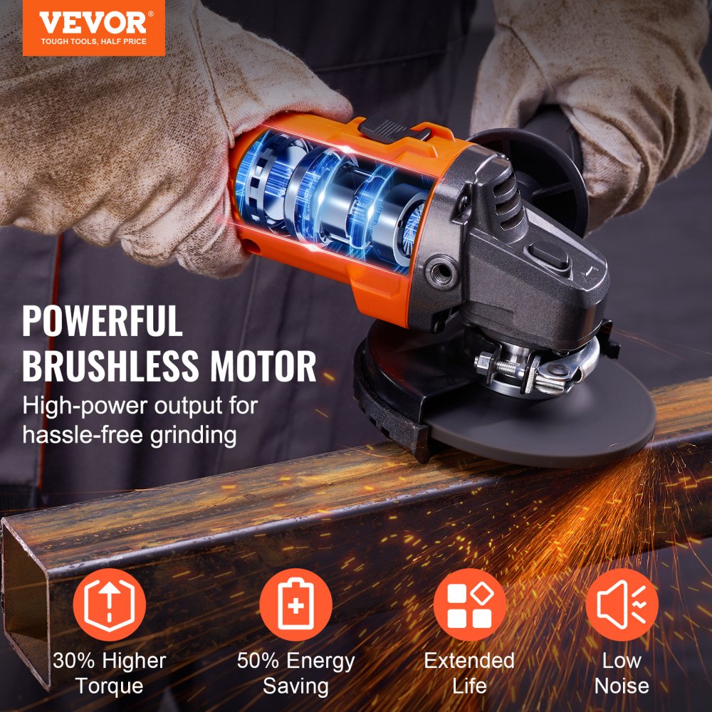 VEVOR Kit di Smerigliatrice Angolare Motore Brushless Senza Fili Velocità Max. 9000 giri/min per Uso Esterno Interno, Kit di Utensili Smerigliatrice Angolare 3 Velocità Regolabili Mola Disco Abrasivo