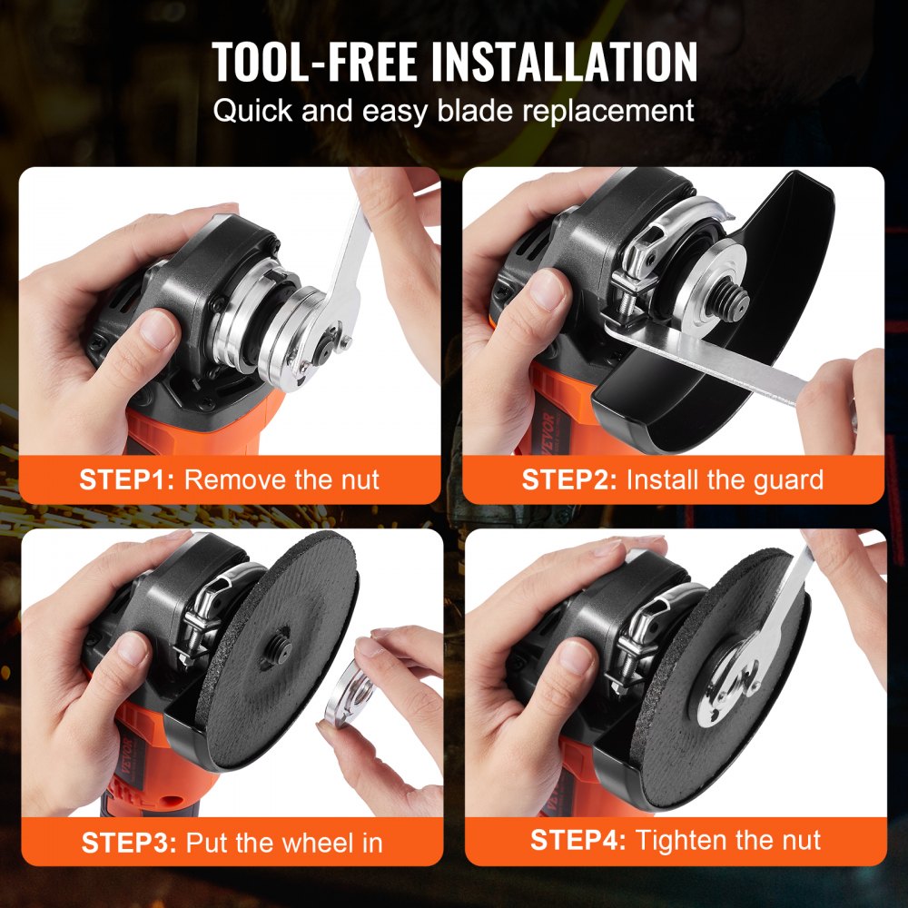 VEVOR Kit di Smerigliatrice Angolare Motore Brushless Senza Fili Velocità Max. 9000 giri/min per Uso Esterno Interno, Kit di Utensili Smerigliatrice Angolare 3 Velocità Regolabili Mola Disco Abrasivo